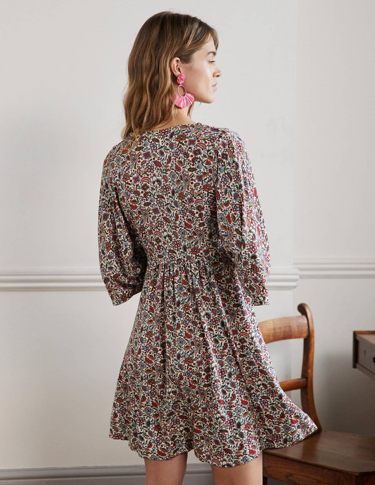 Easy Jersey Empire Mini Dress-Ivory, Oriental Paradise - Image 3