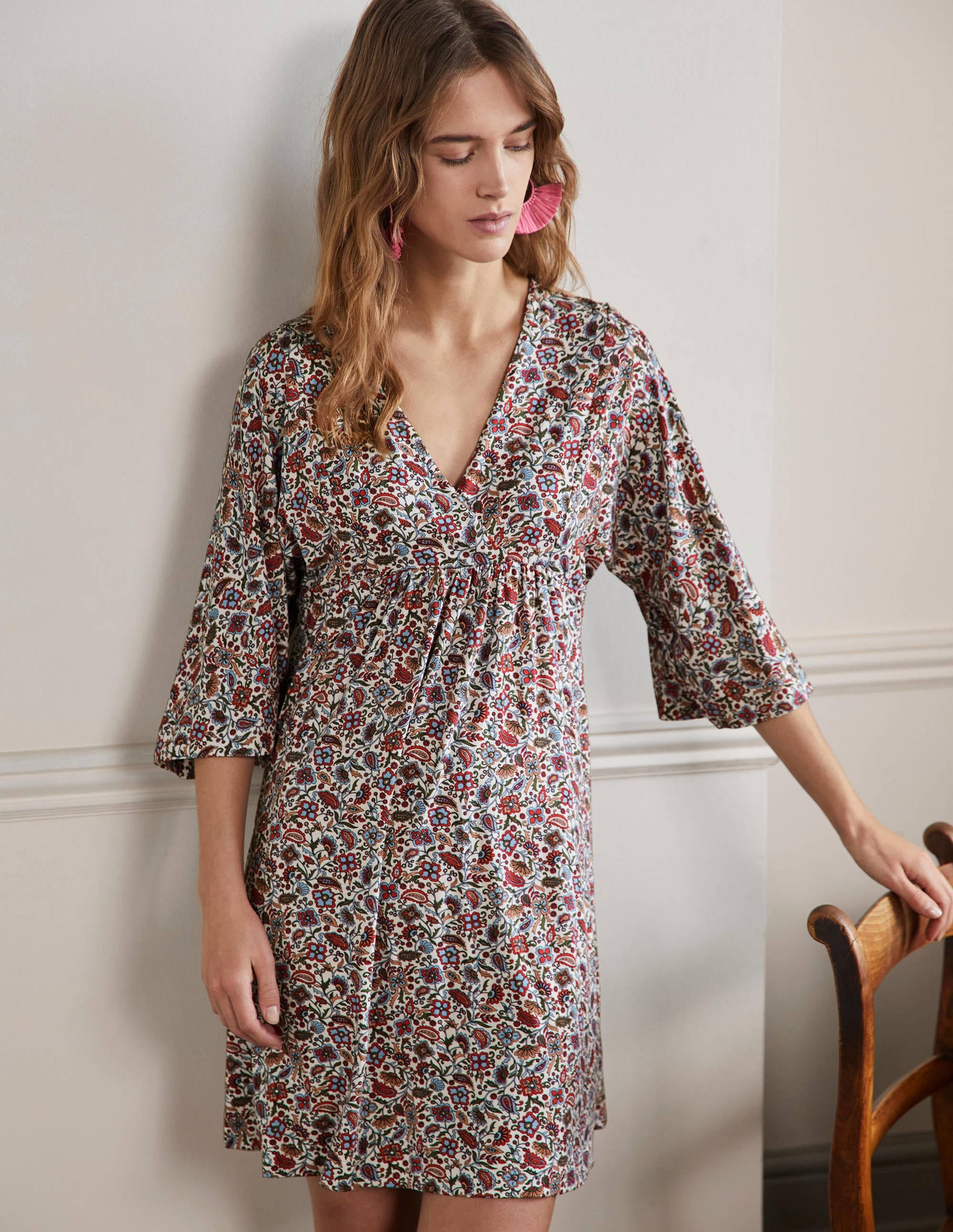 Easy Jersey Empire Mini Dress-Ivory, Oriental Paradise - Image 4