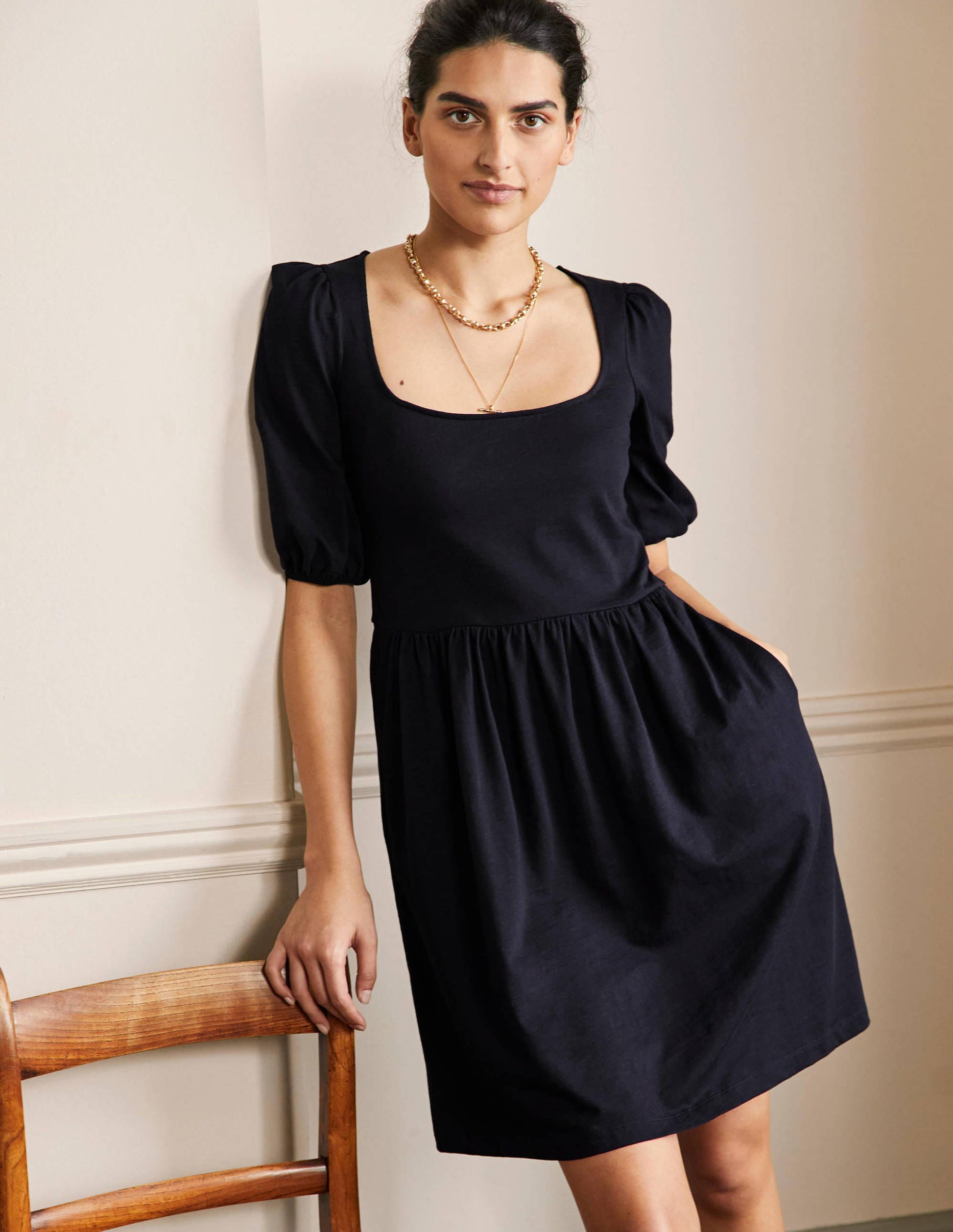 Square Neck Jersey Dress-Navy-1