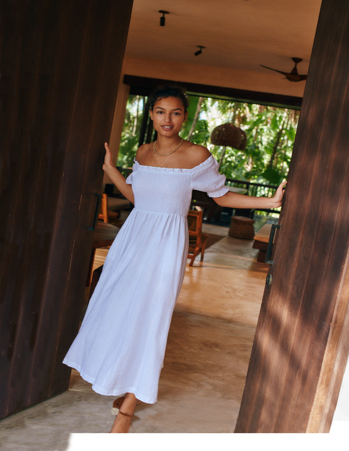 Smocked Bodice Midi Dress-White - Image 7