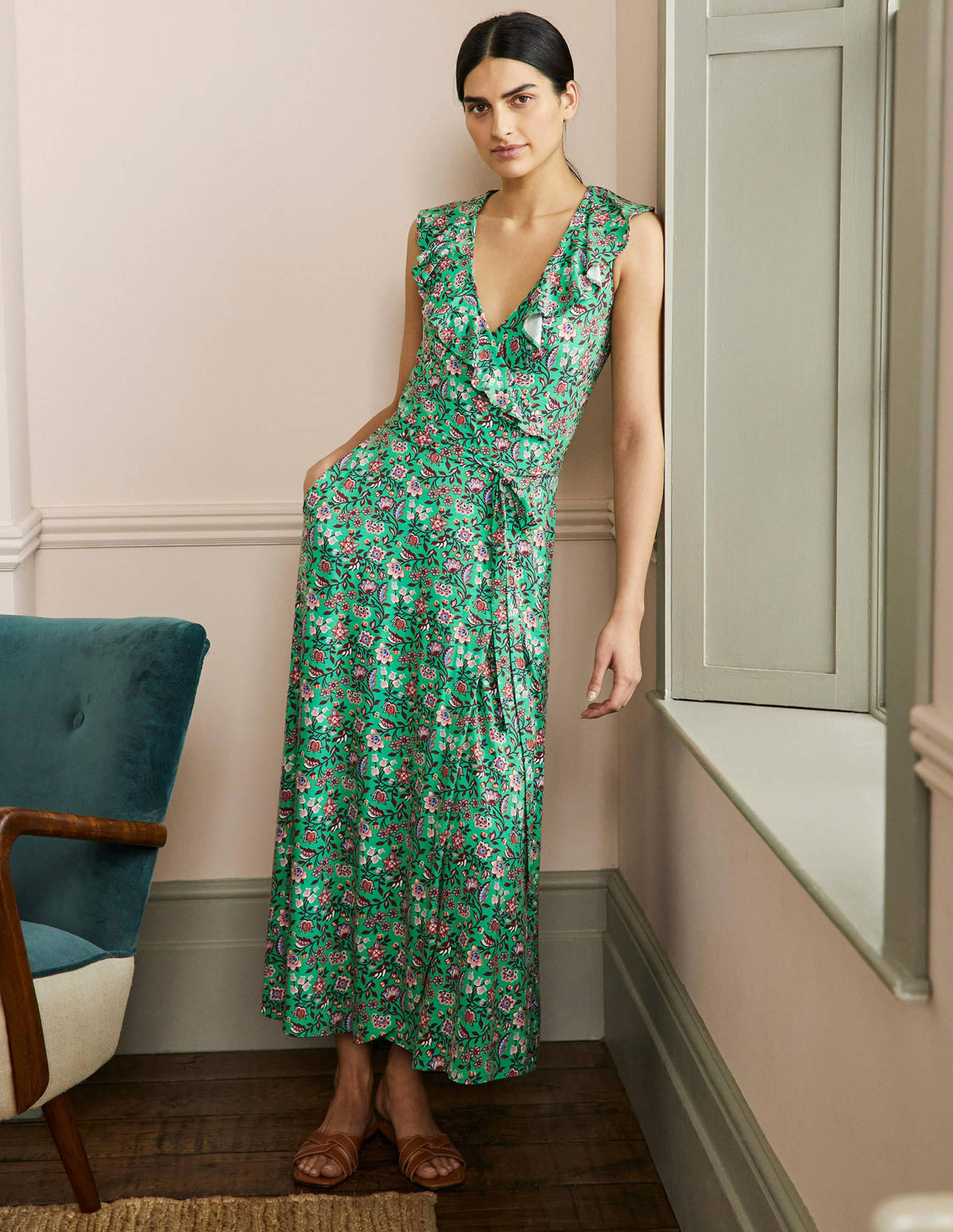Saskia Wrap Jersey Maxi Dress-Green Lagoon, Oriental Meadow-1