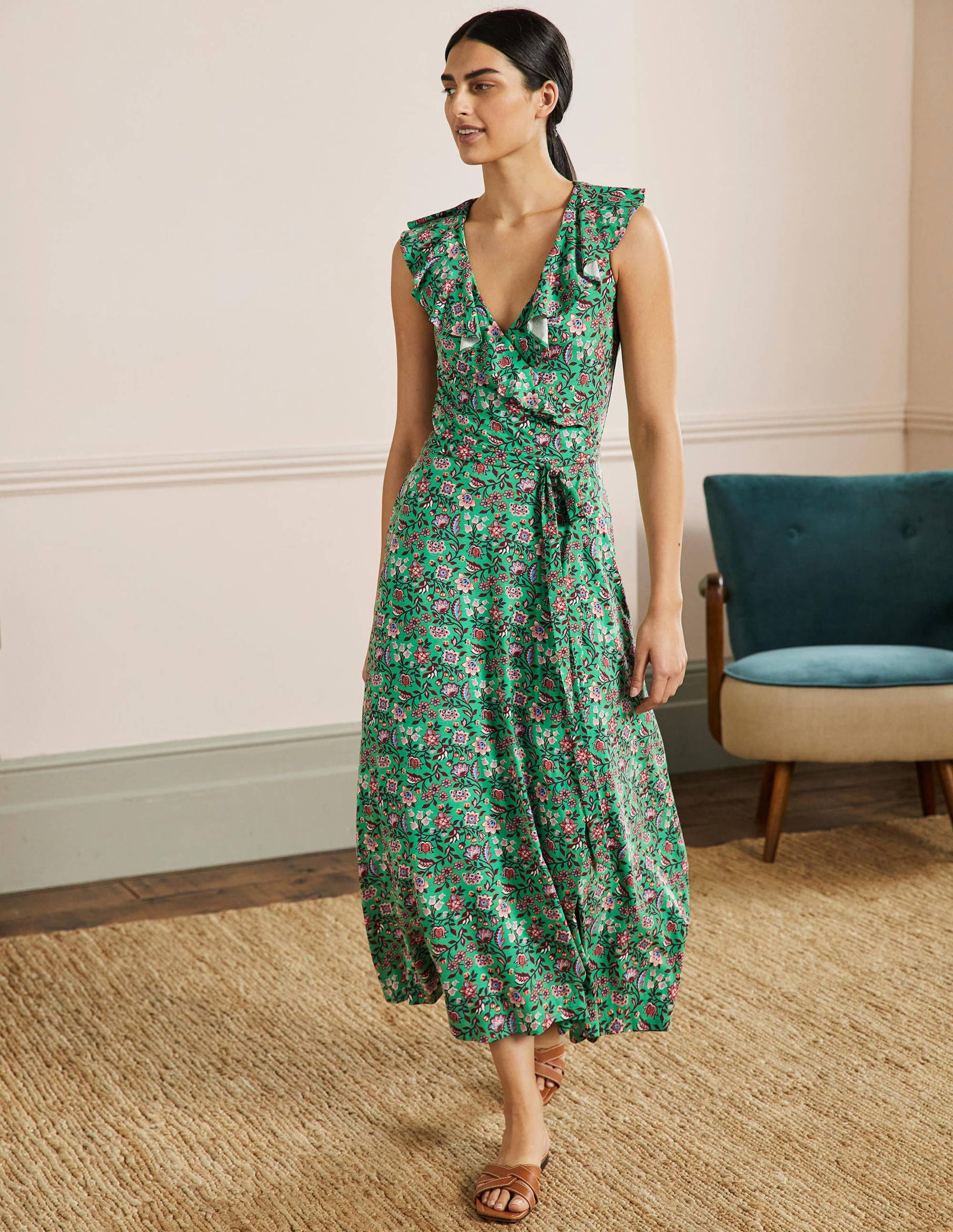 Saskia Wrap Jersey Maxi Dress-Green Lagoon, Oriental Meadow-4