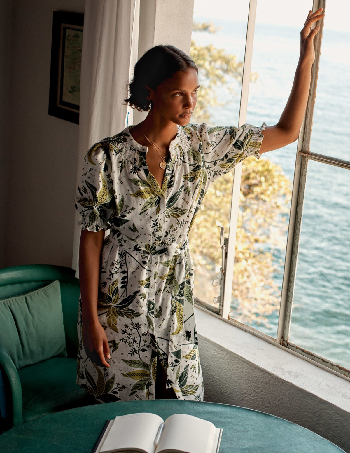 Smocked Linen Shirt Dress-Ivory, Oriental Cascade-6