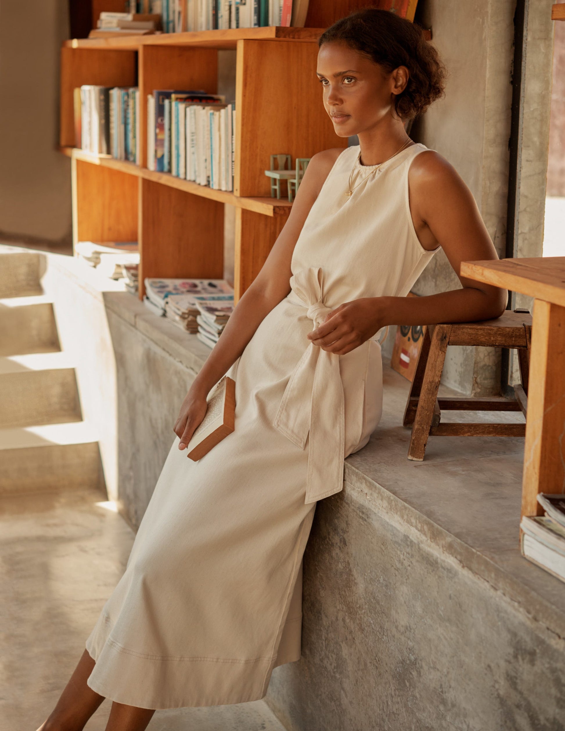 Sleeveless Belted Midi Dress-Ecru-7