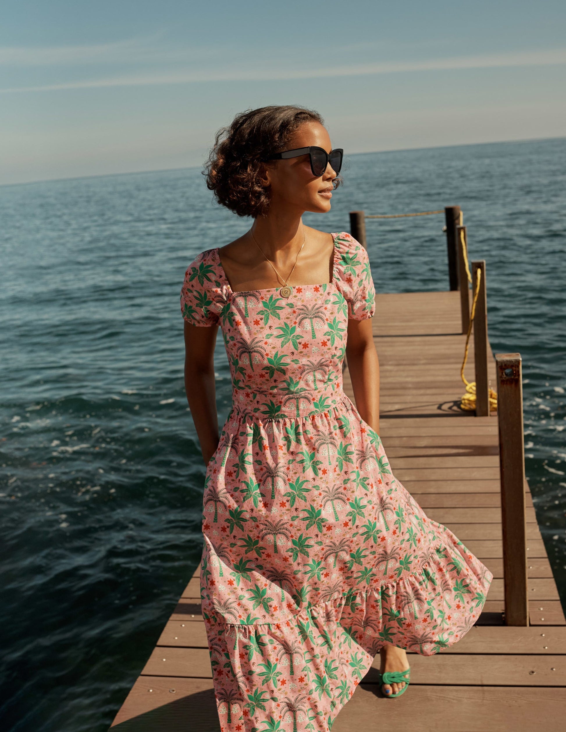Square Neck Tiered Dress-Posy Pink, Oriental Palm-7