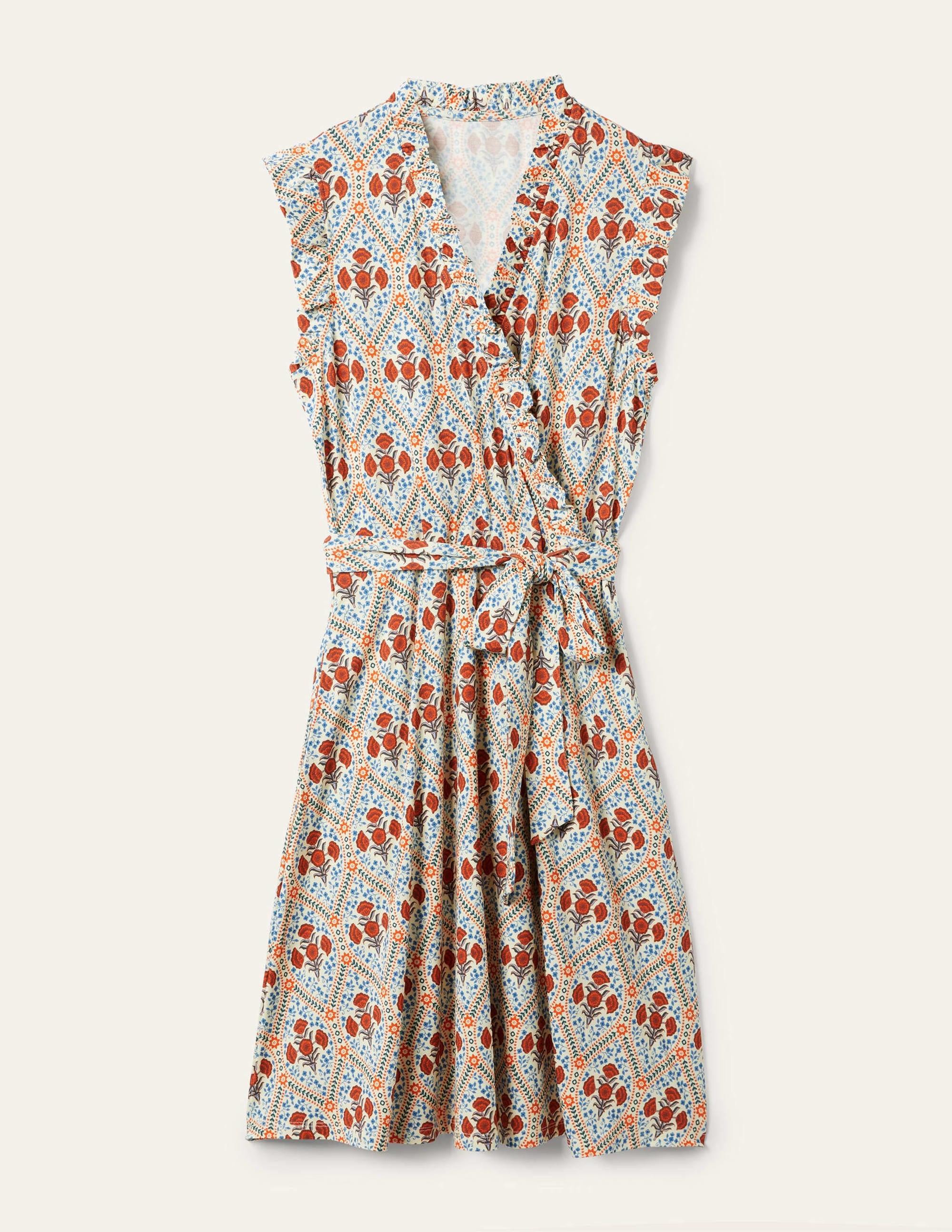Ruffle Fixed Wrap Jersey Dress-Ivory, Poppy Bloom - Image 6
