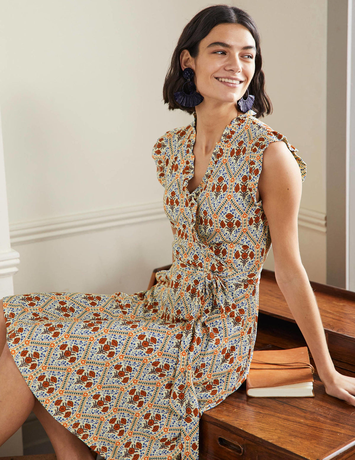 Ruffle Fixed Wrap Jersey Dress-Ivory, Poppy Bloom - Image 1