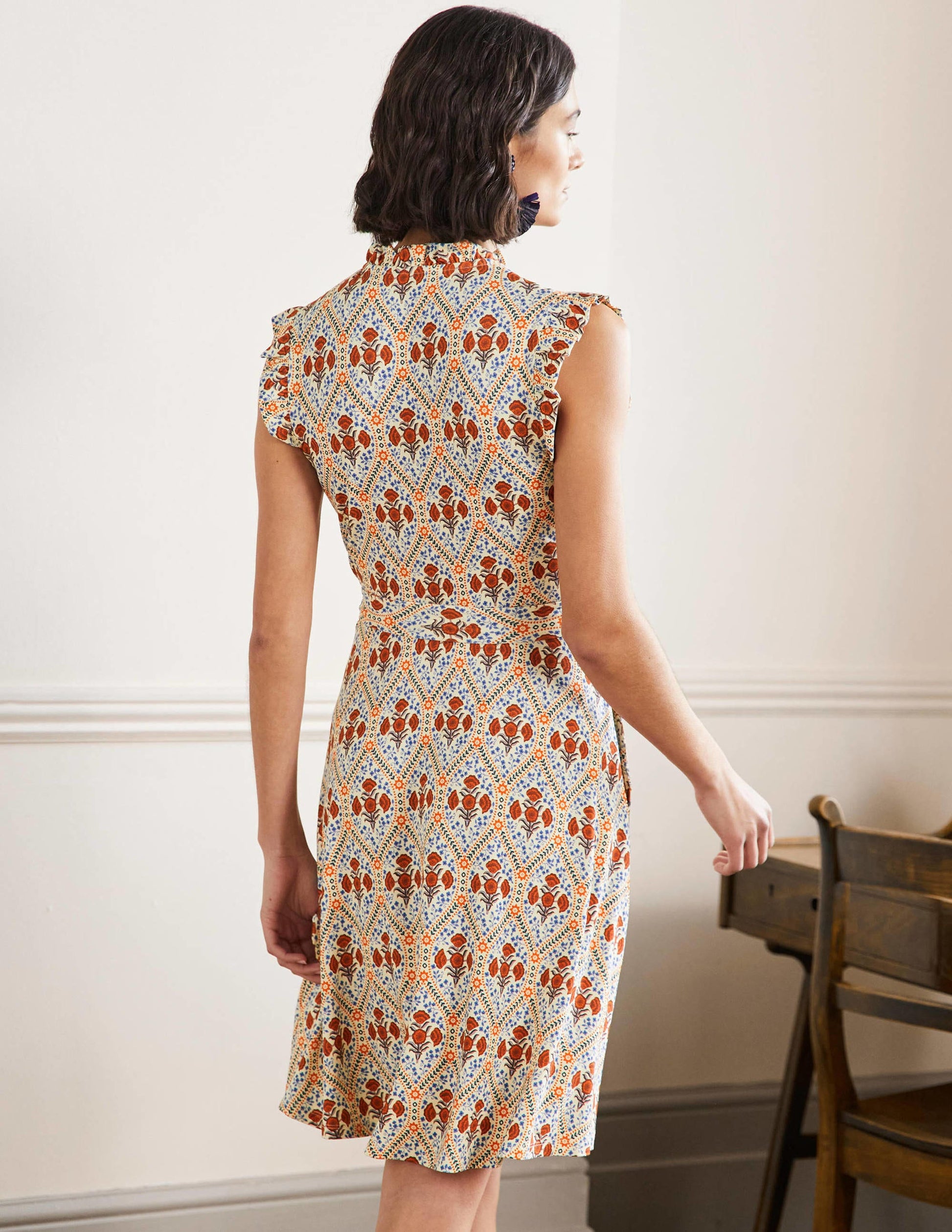 Ruffle Fixed Wrap Jersey Dress-Ivory, Poppy Bloom-3