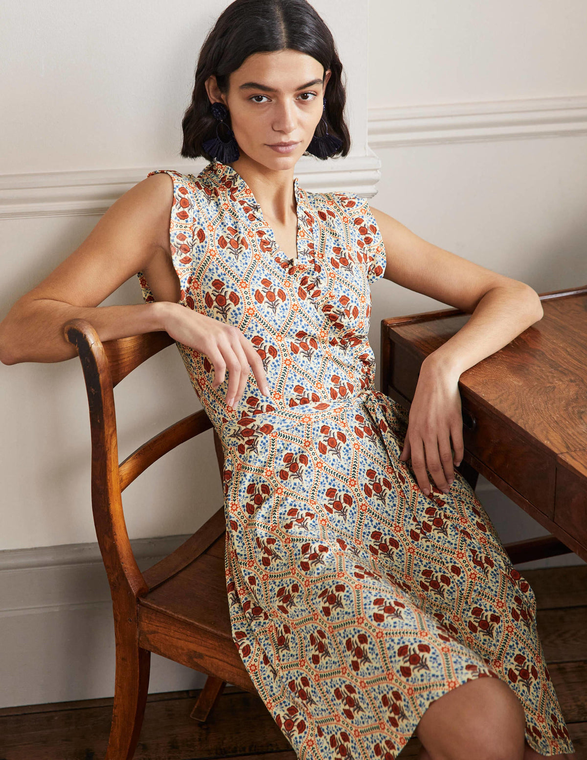 Ruffle Fixed Wrap Jersey Dress-Ivory, Poppy Bloom-4
