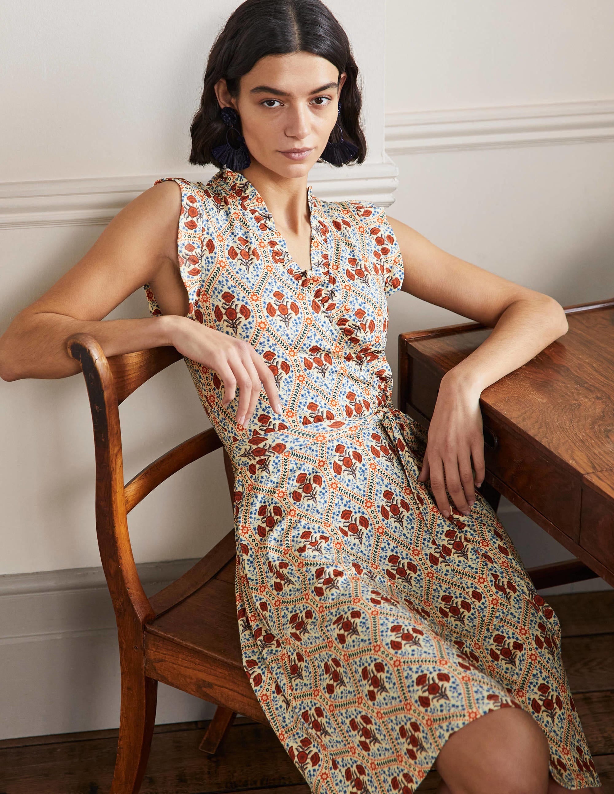 Ruffle Fixed Wrap Jersey Dress-Ivory, Poppy Bloom - Image 4