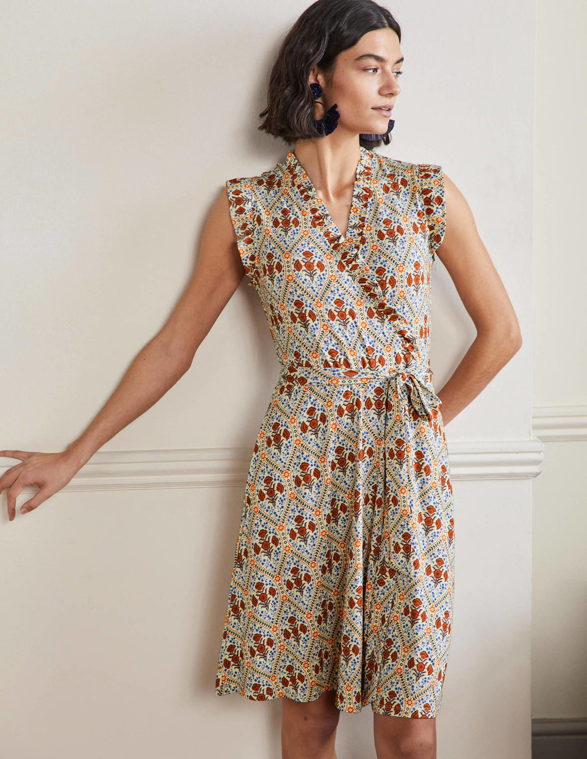 Ruffle Fixed Wrap Jersey Dress-Ivory, Poppy Bloom - Image 5