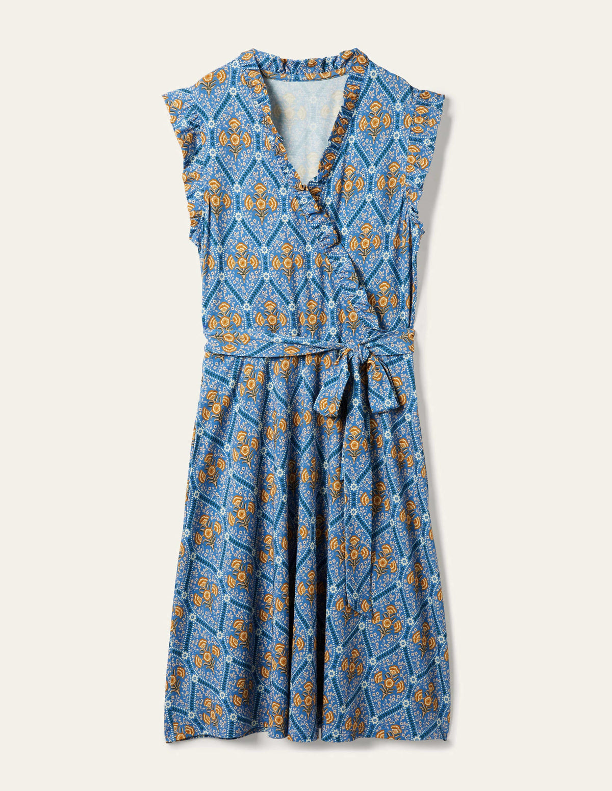 Ruffle Fixed Wrap Jersey Dress-Mosaic Blue, Poppy Bloom-5