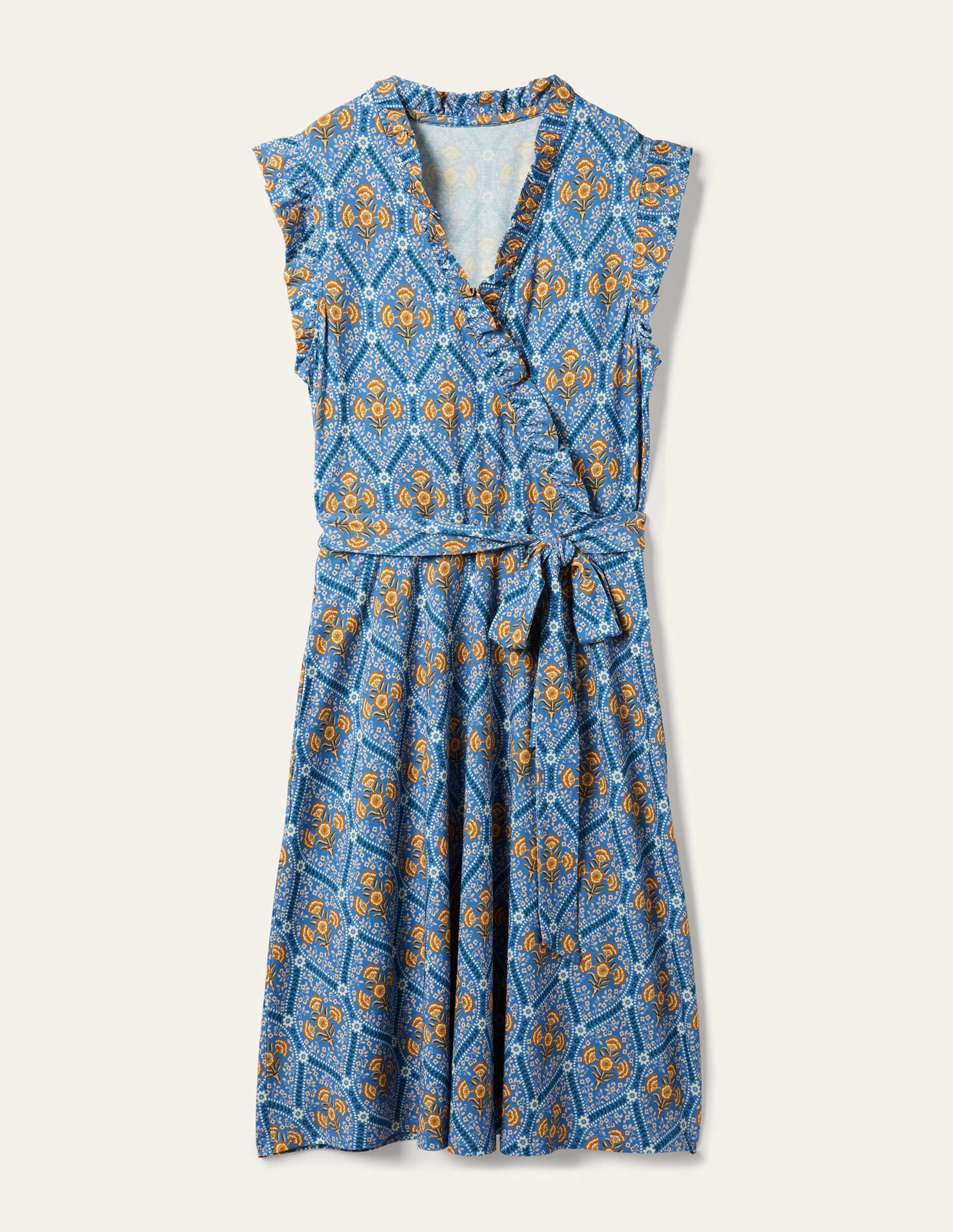 Ruffle Fixed Wrap Jersey Dress-Mosaic Blue, Poppy Bloom - Image 5