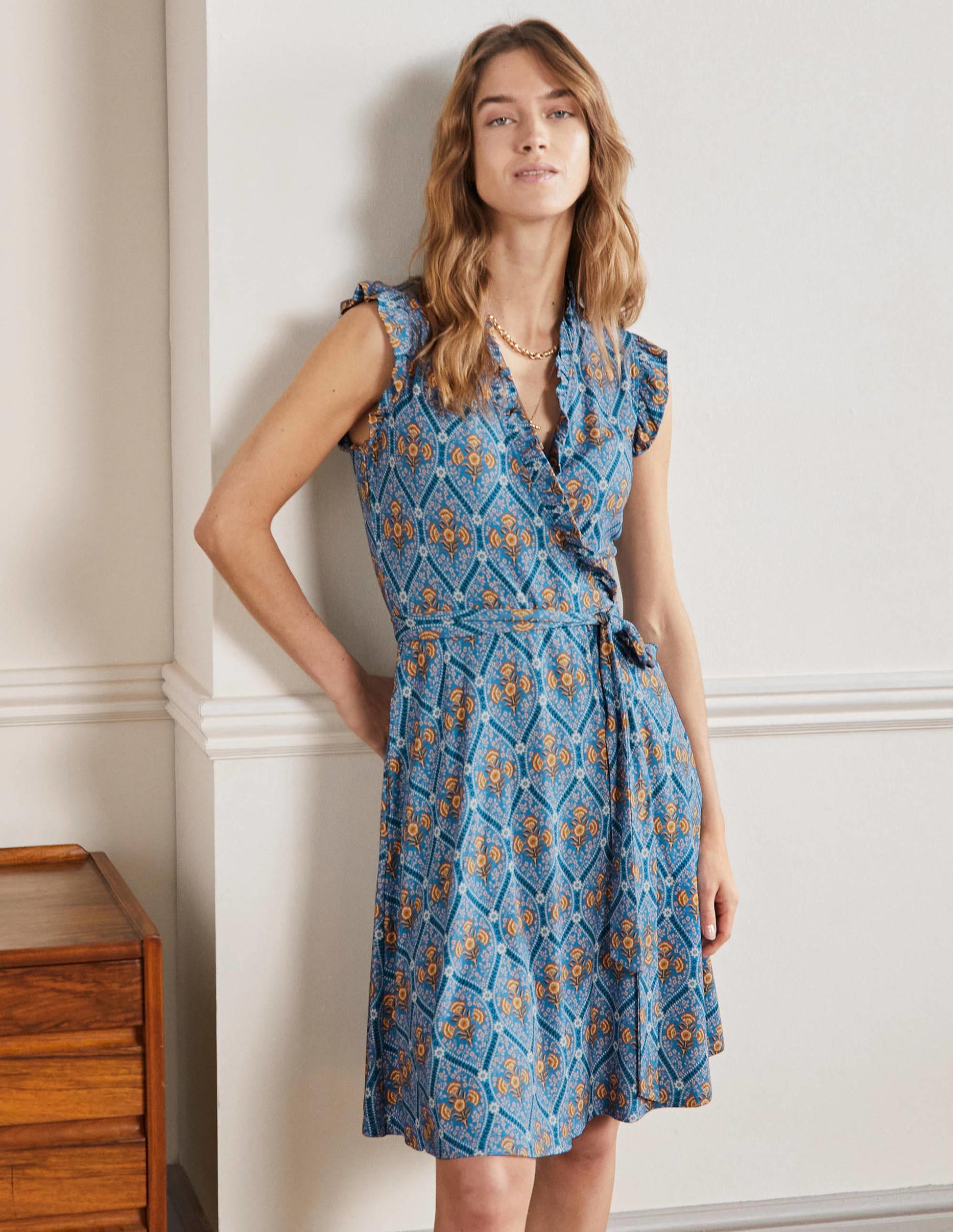 Ruffle Fixed Wrap Jersey Dress-Mosaic Blue, Poppy Bloom-1