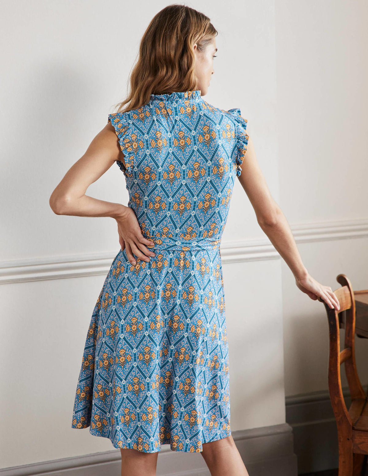 Ruffle Fixed Wrap Jersey Dress-Mosaic Blue, Poppy Bloom - Image 3