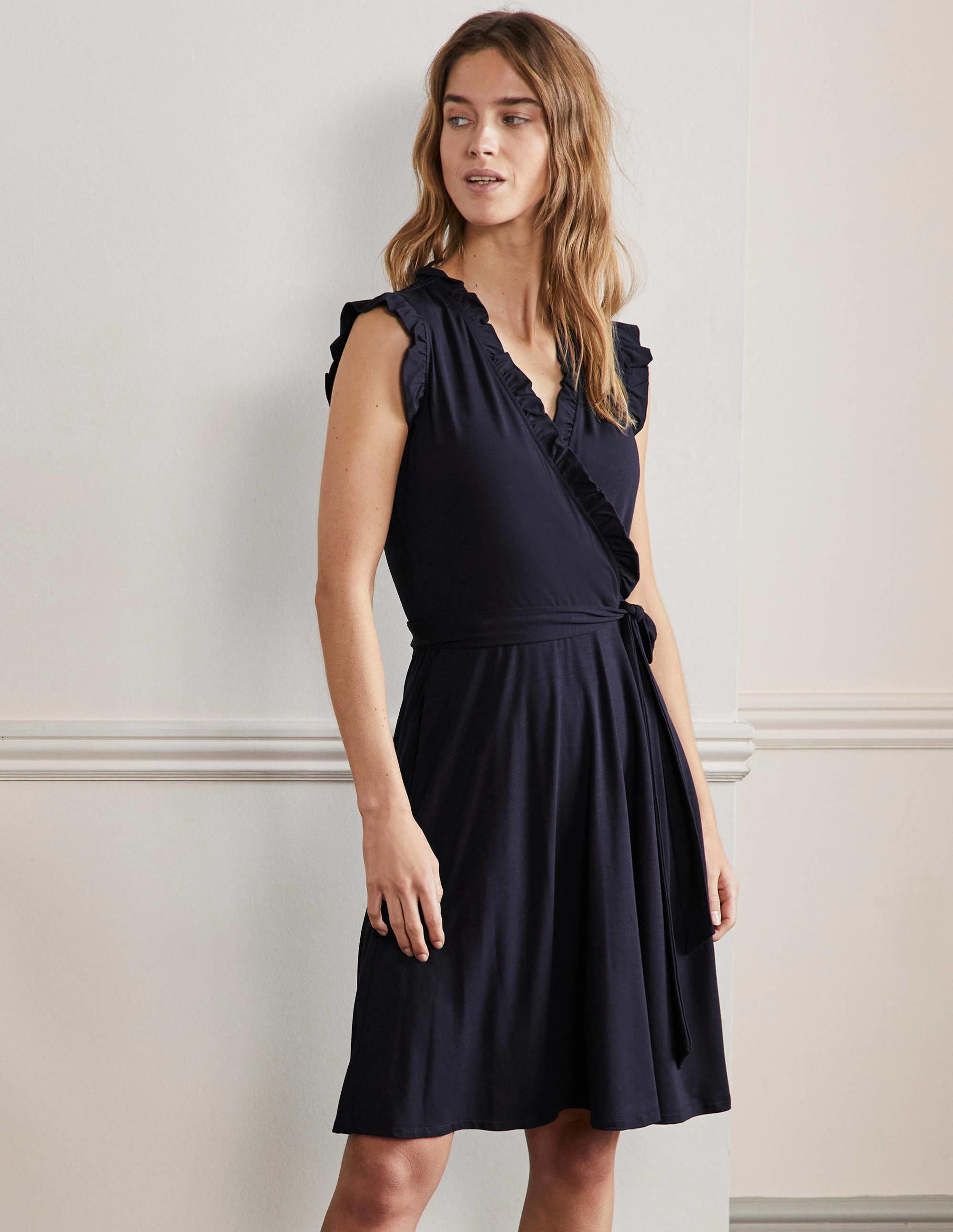 Ruffle Fixed Wrap Jersey Dress-Navy - Image 1