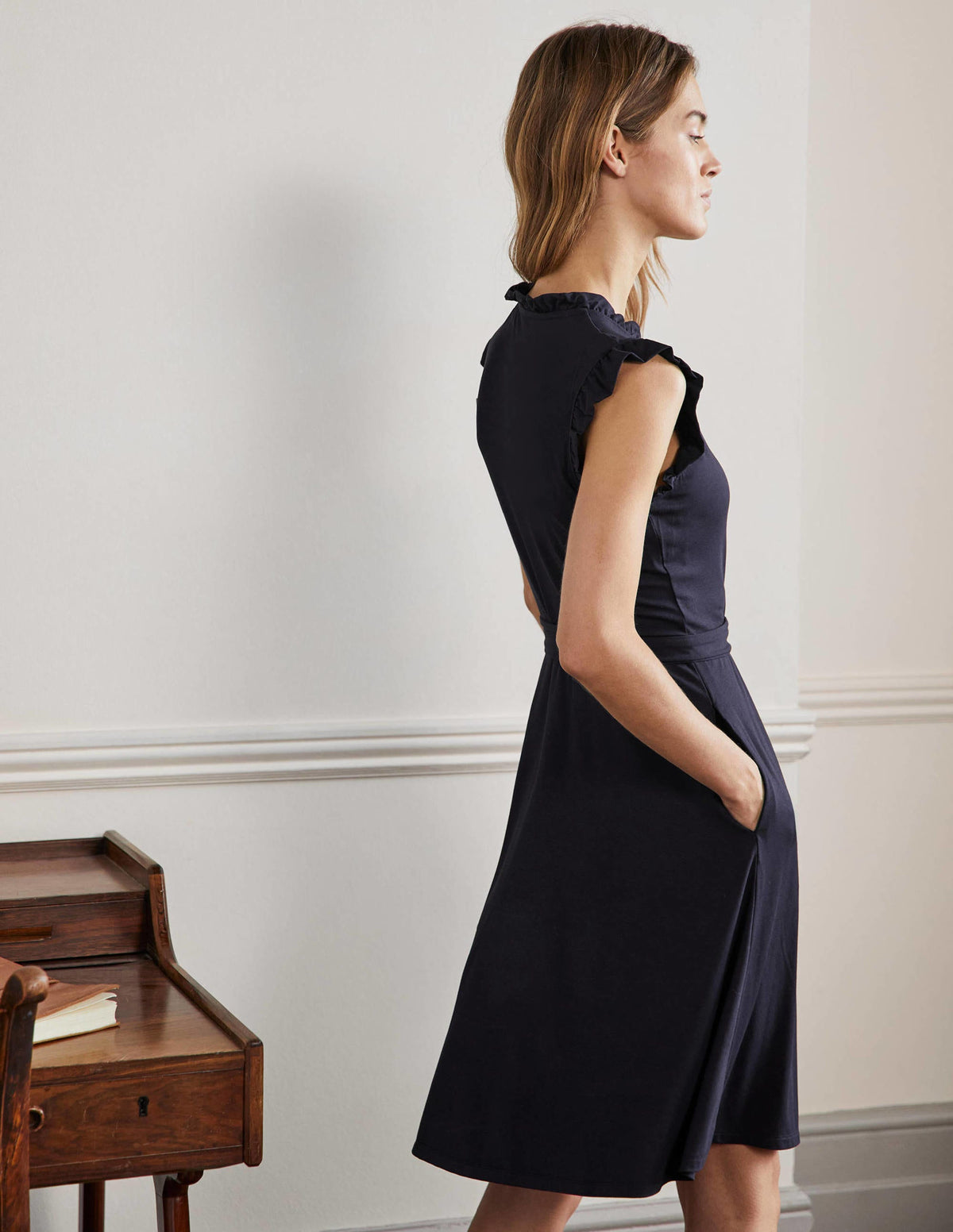 Ruffle Fixed Wrap Jersey Dress-Navy-3