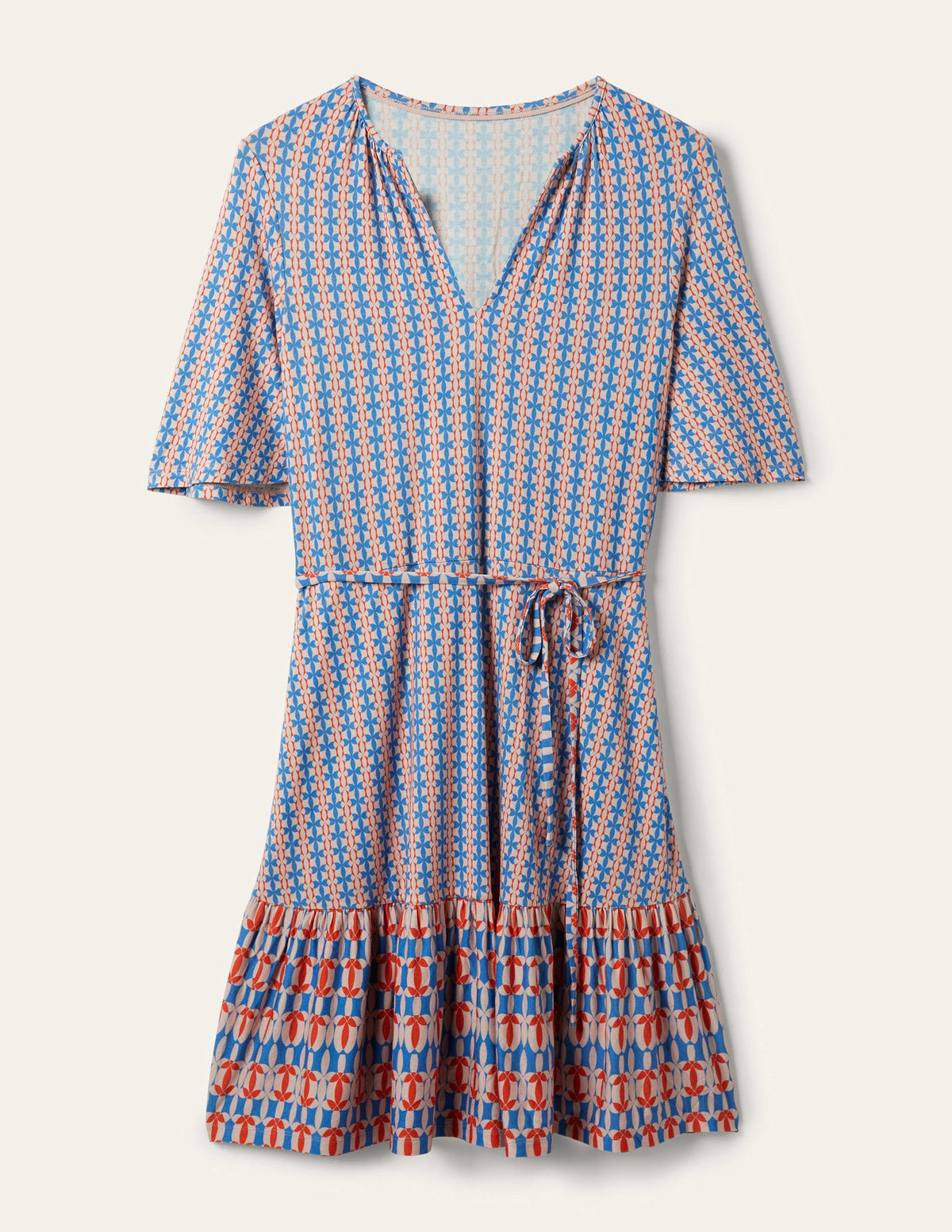Notch Neck Tiered Jersey Dress-Mosaic Blue, Petal Geo-11