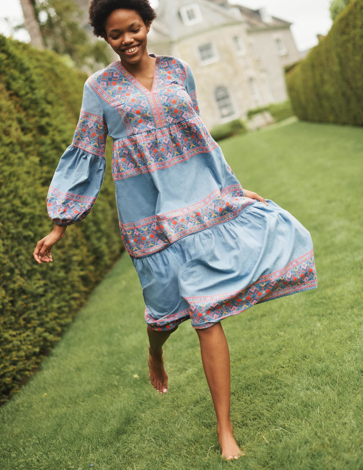 Tiered Embroidered Maxi Dress-Light Chambray - Image 6