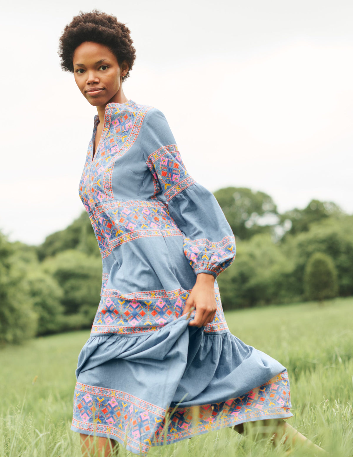 Tiered Embroidered Maxi Dress-Light Chambray - Image 7