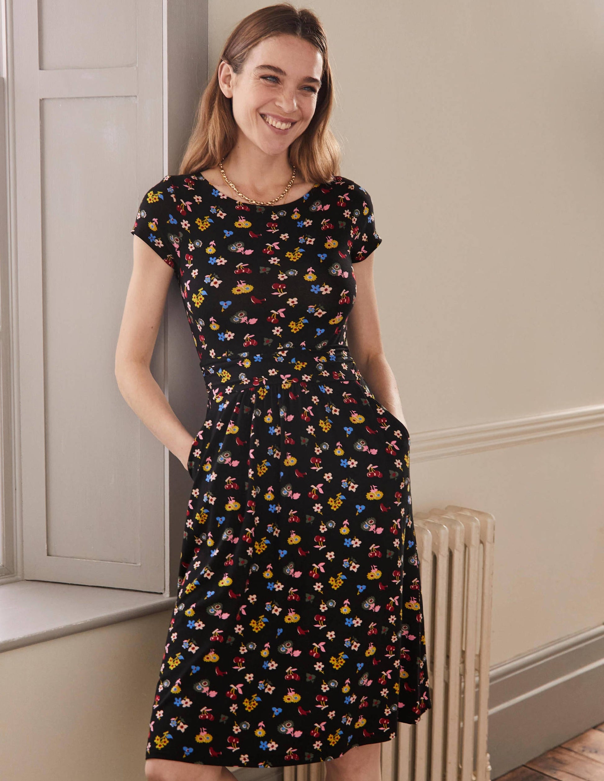 Amelie Jersey Dress-Black, Woodland Bud-1