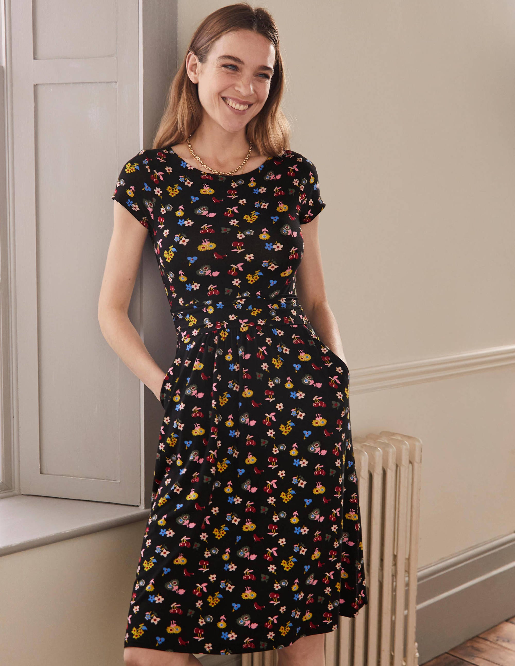 Amelie Jersey Dress-Black, Woodland Bud - Image 1
