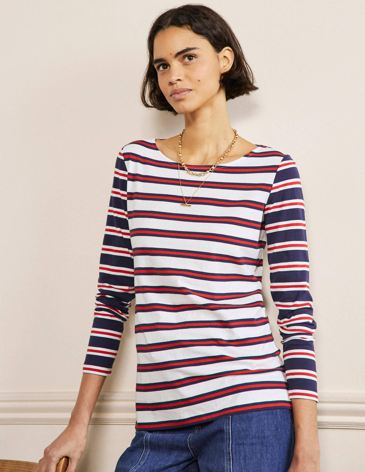 Long Sleeve Breton Top-Ivory, Red and Navy Stripe-1