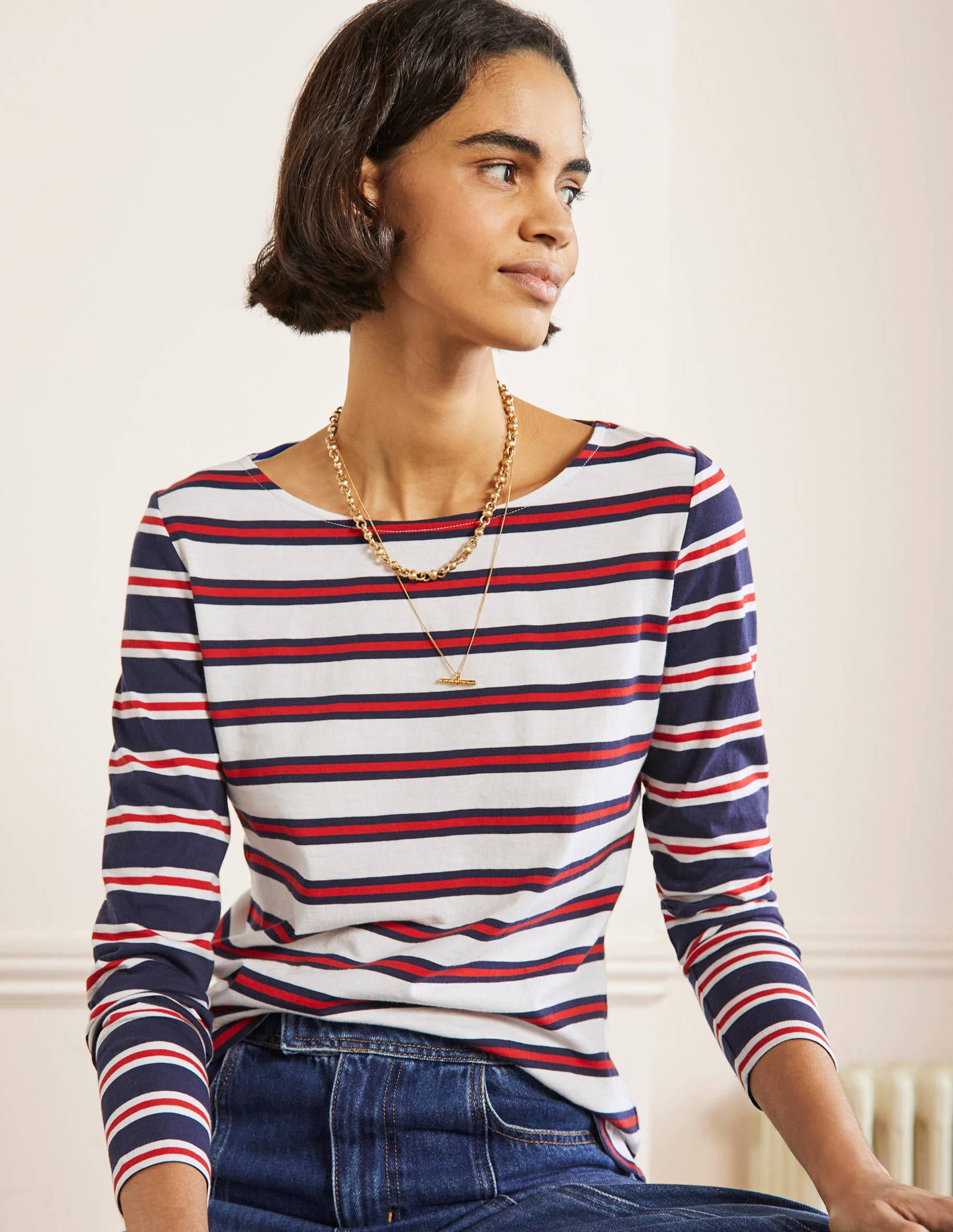 Long Sleeve Breton Top-Ivory, Red and Navy Stripe - Image 4