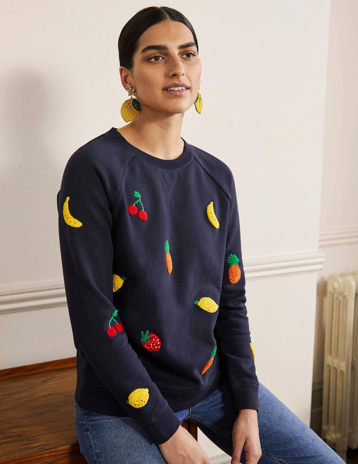 Printed Cotton Sweatshirt-Navy, Boucle Fruit - Image 1