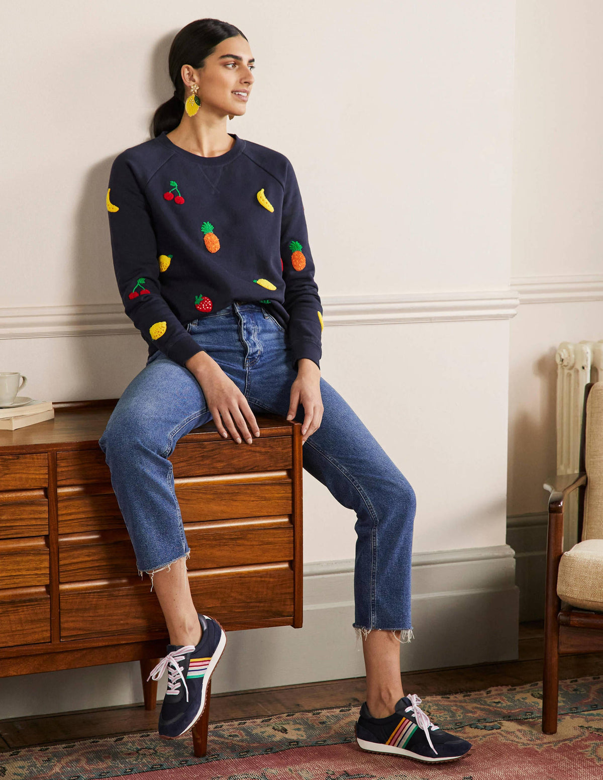 Printed Cotton Sweatshirt-Navy, Boucle Fruit - Image 4