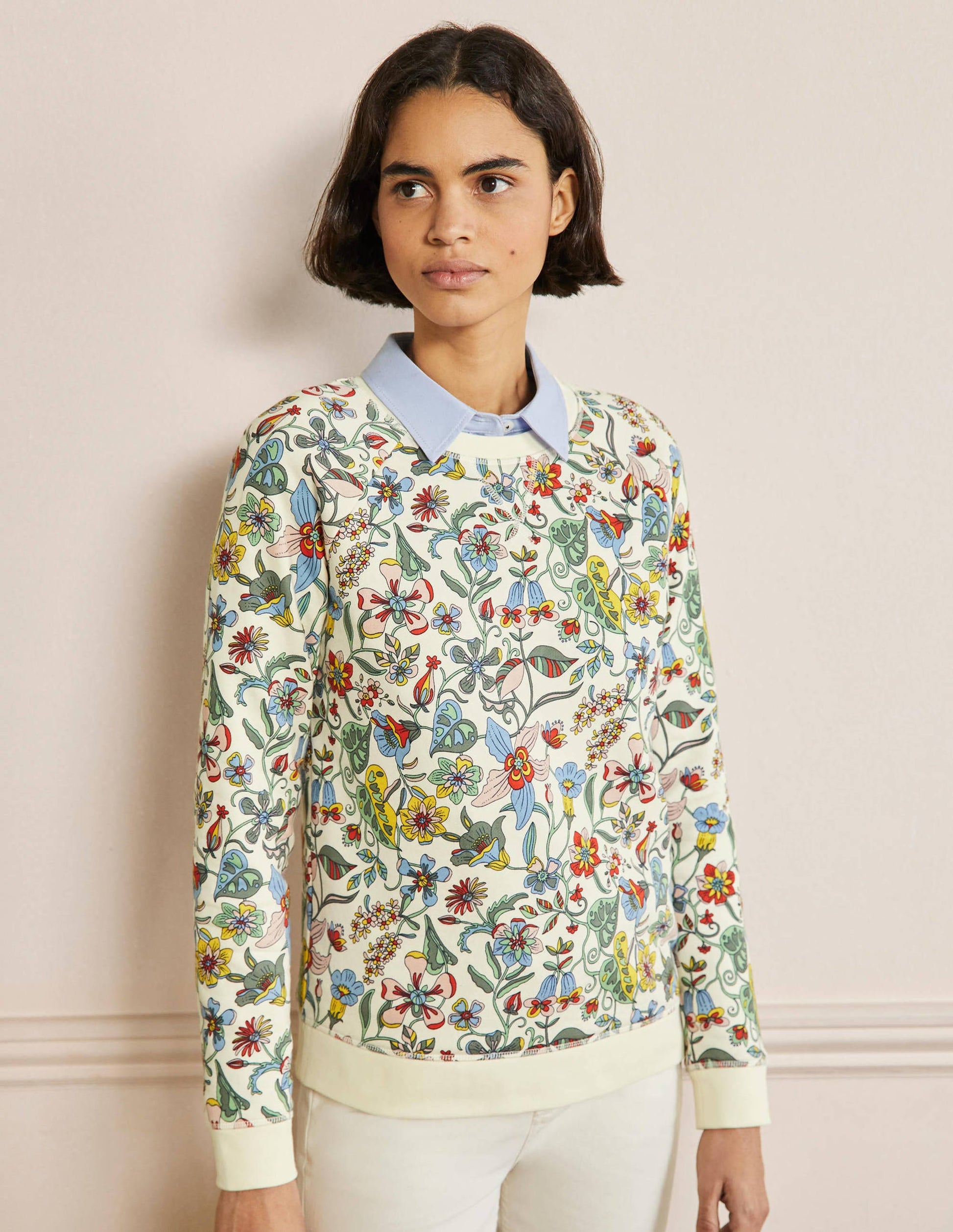 Printed Cotton Sweatshirt-Ivory, Tropic Florals-1