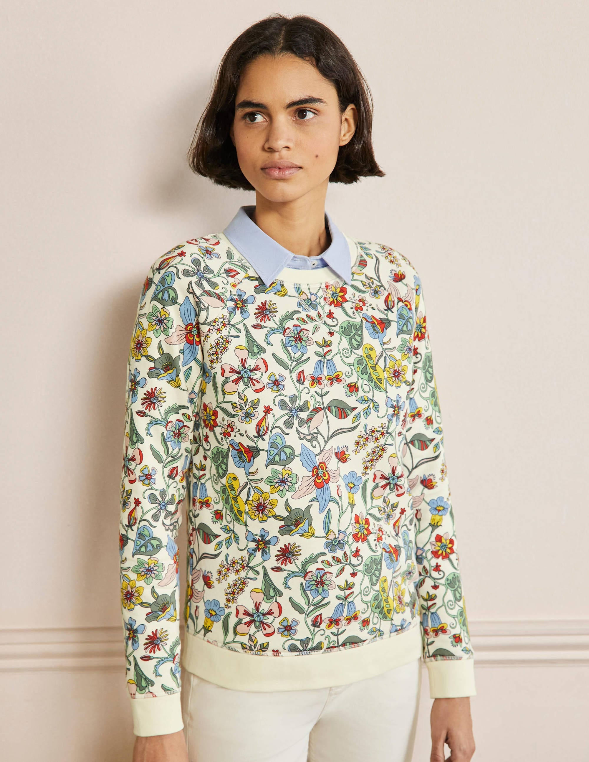 Printed Cotton Sweatshirt-Ivory, Tropic Florals - Image 1