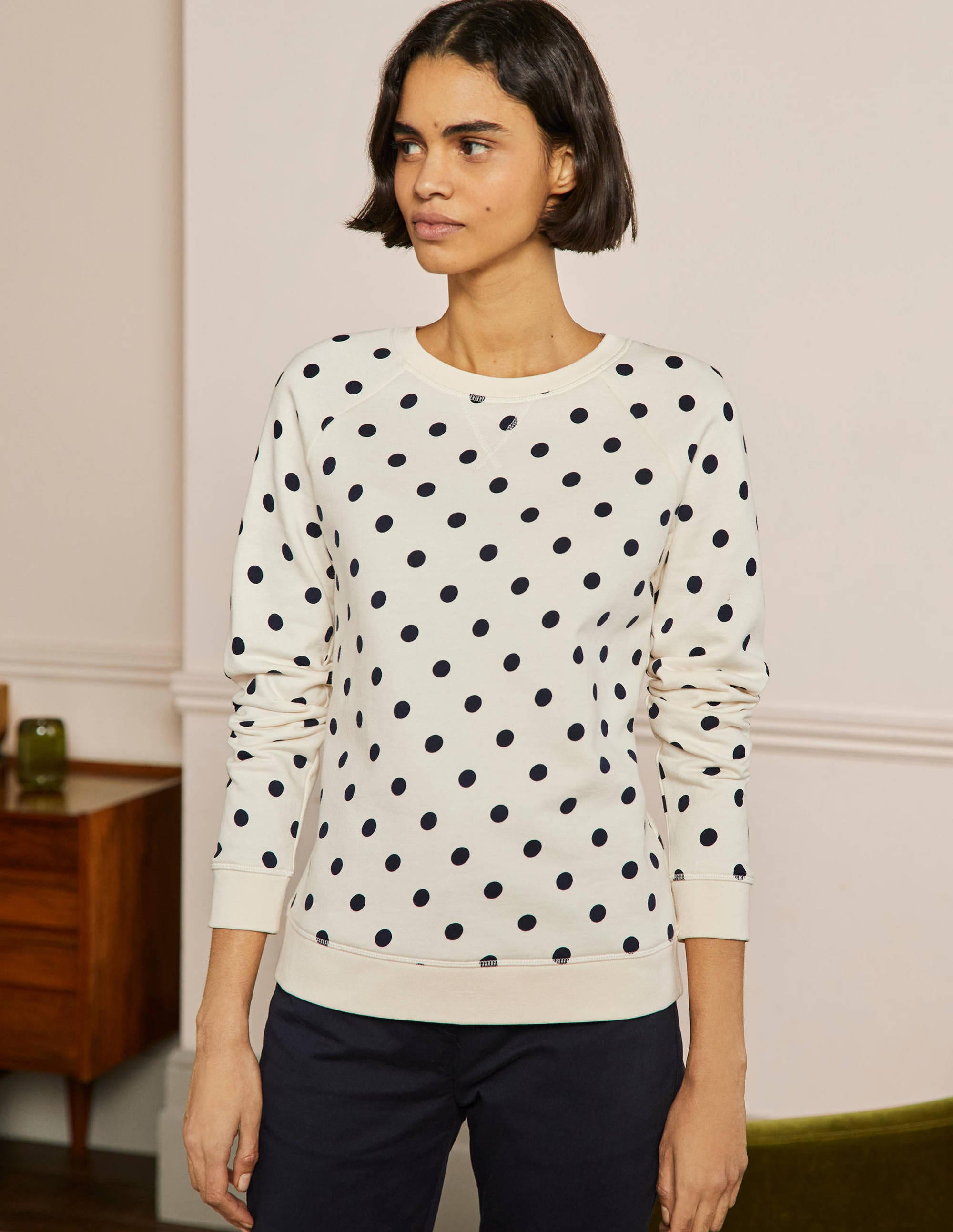 Printed Cotton Sweatshirt-Ivory, Regular Dot - Image 1