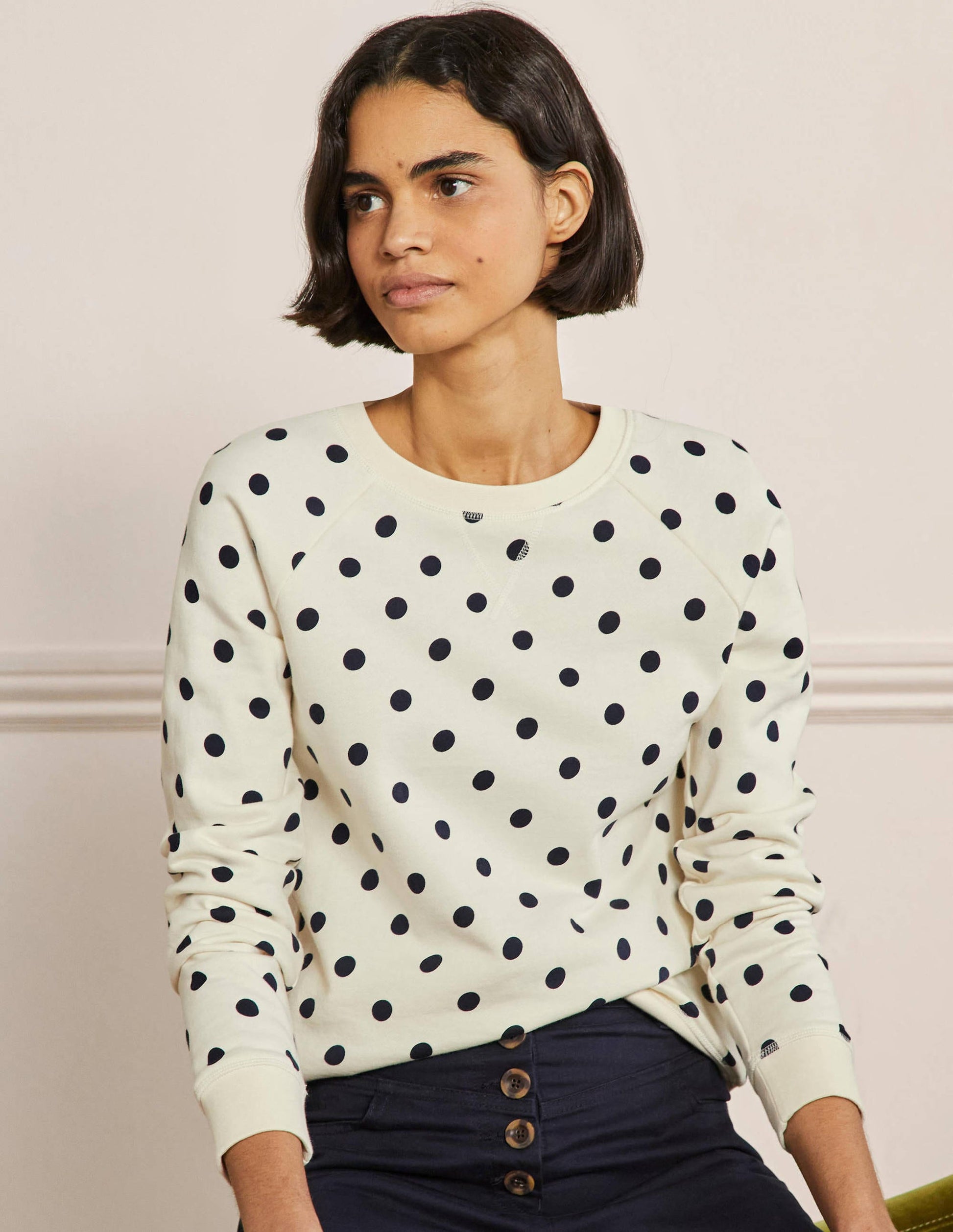 Printed Cotton Sweatshirt-Ivory, Regular Dot-4