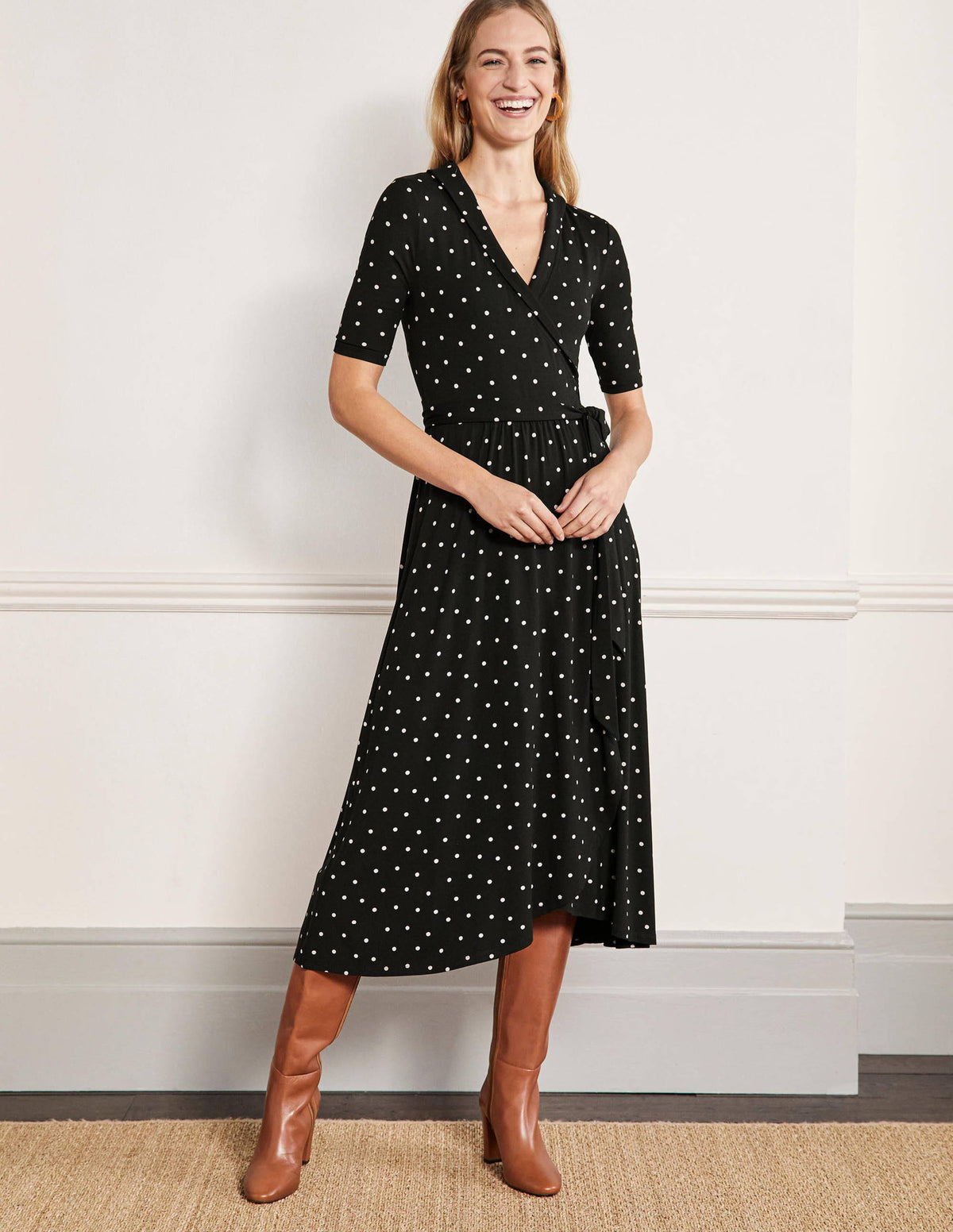 Lavinia Jersey Wrap Dress-Black, Polka Dot - Image 1