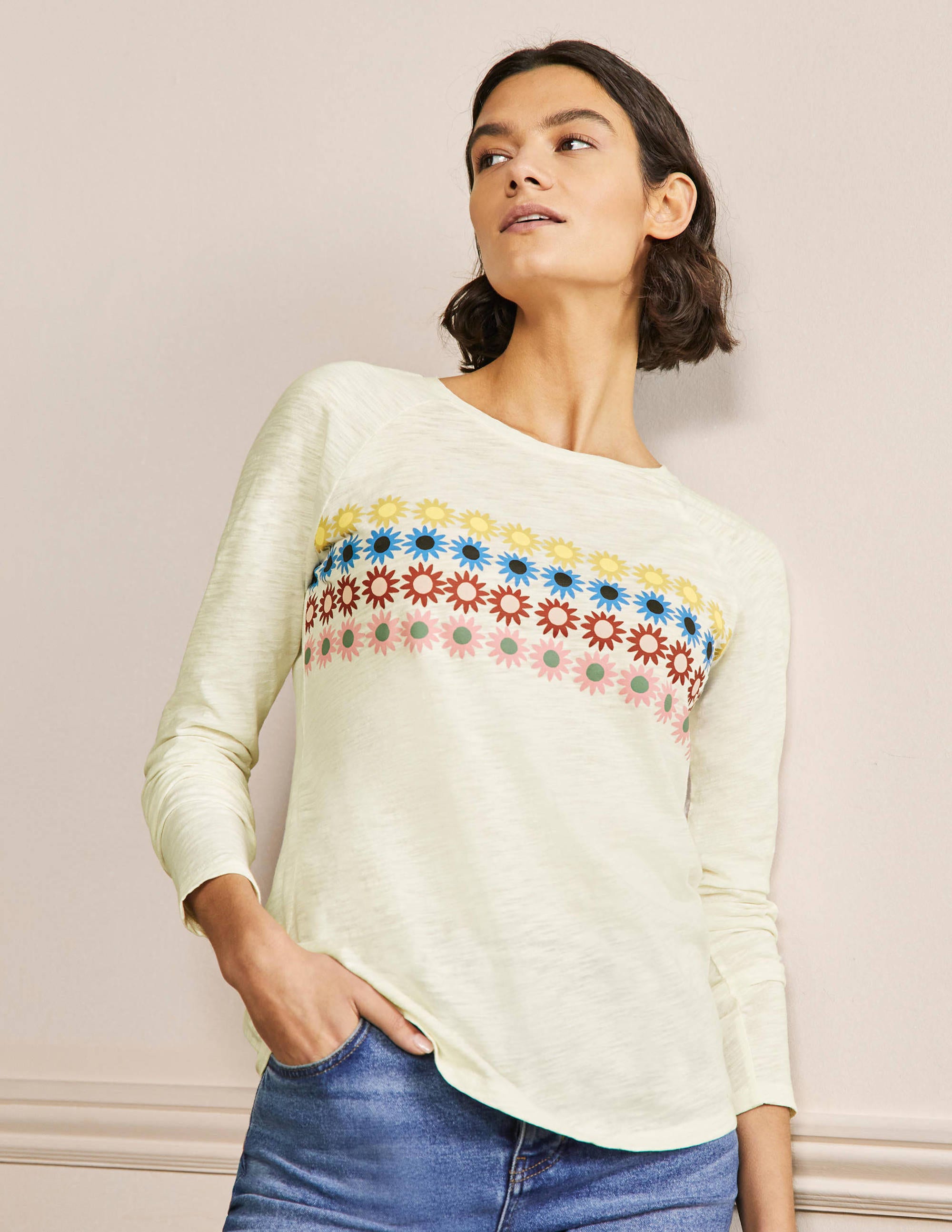 Lorna Baseball Top-Ivory, Floral Chest Stripe - Image 1