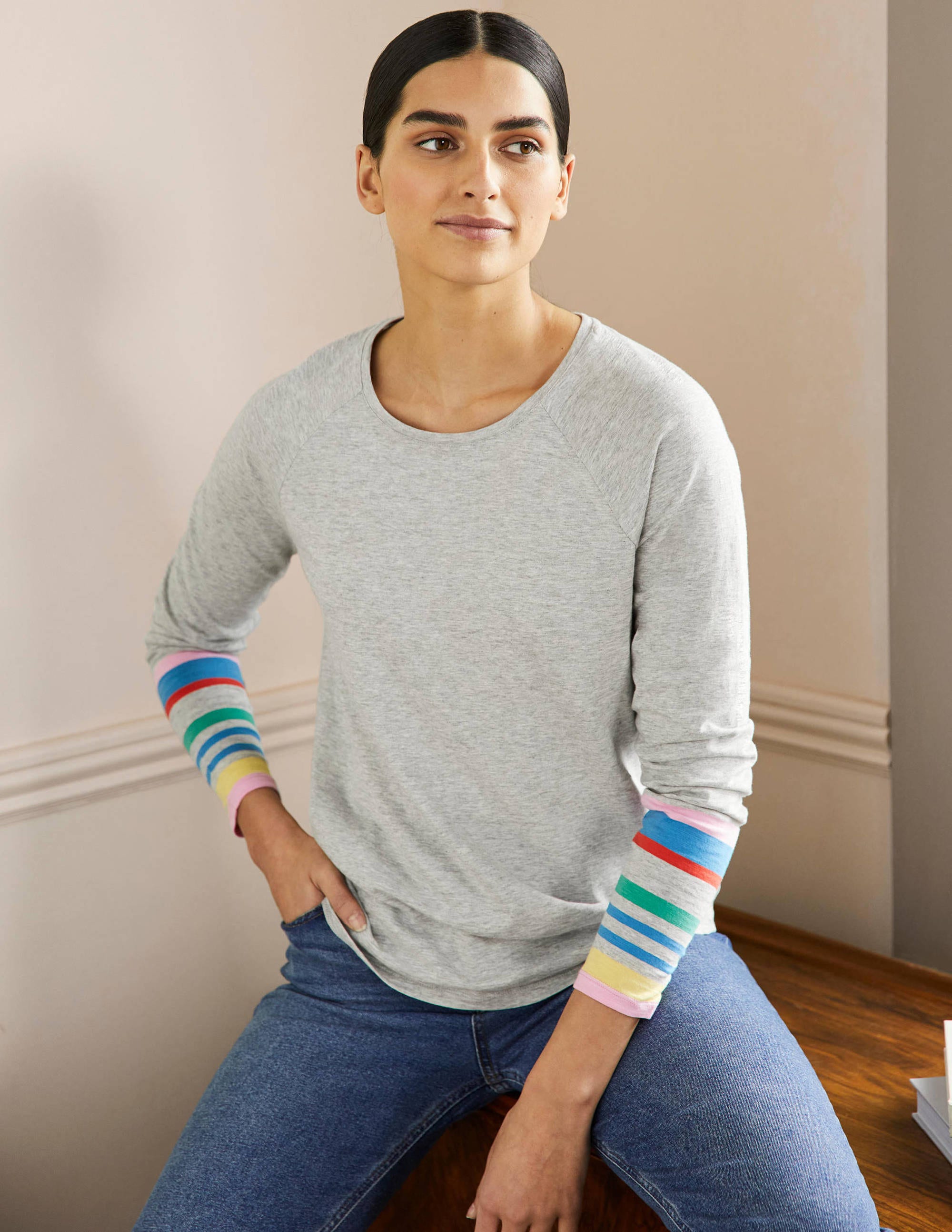 Lorna Baseball Top-Cherry Blossom, Grey Cuff - Image 1