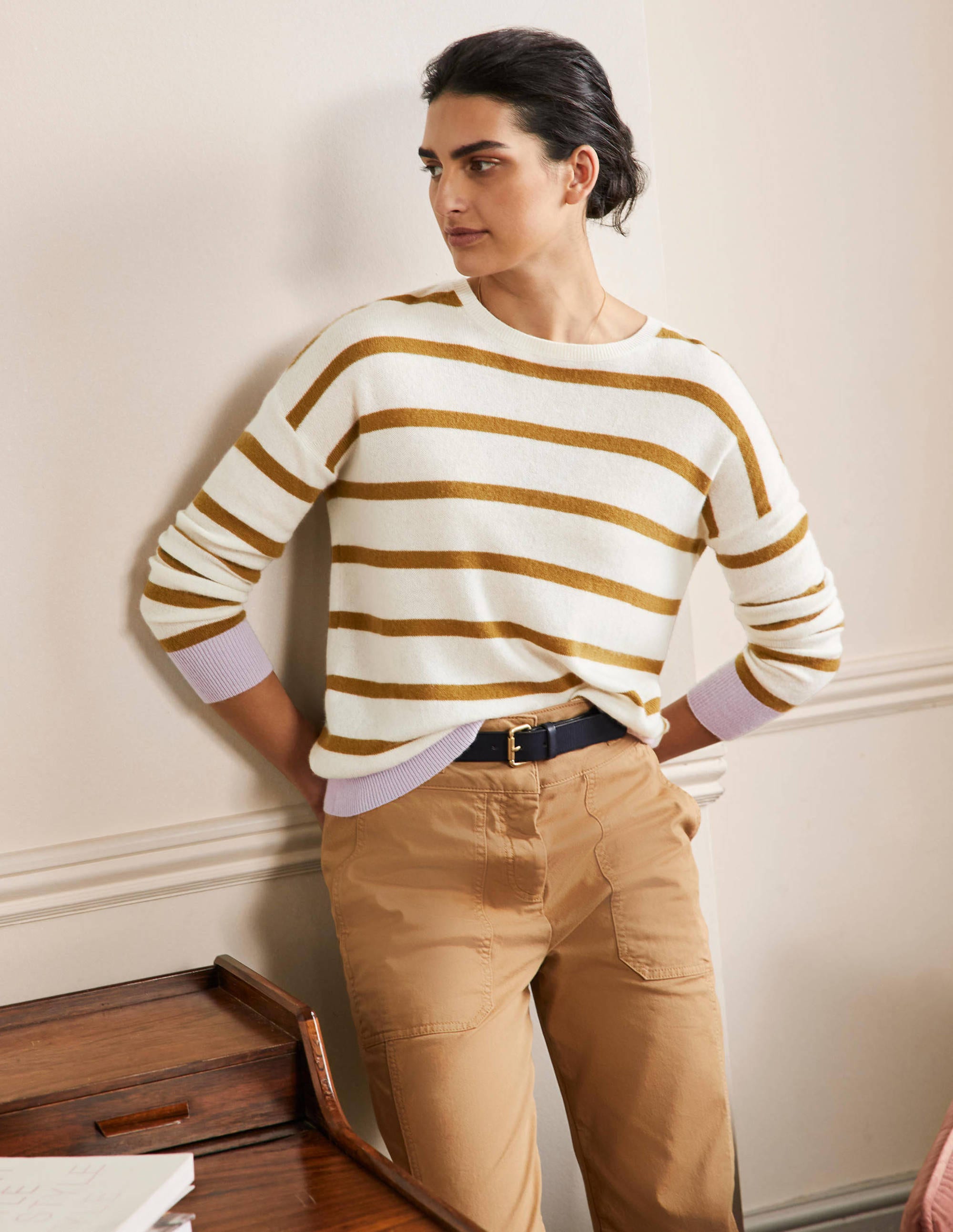 Striped Cashmere Sweater-Ivory Melange Stripe - Image 1