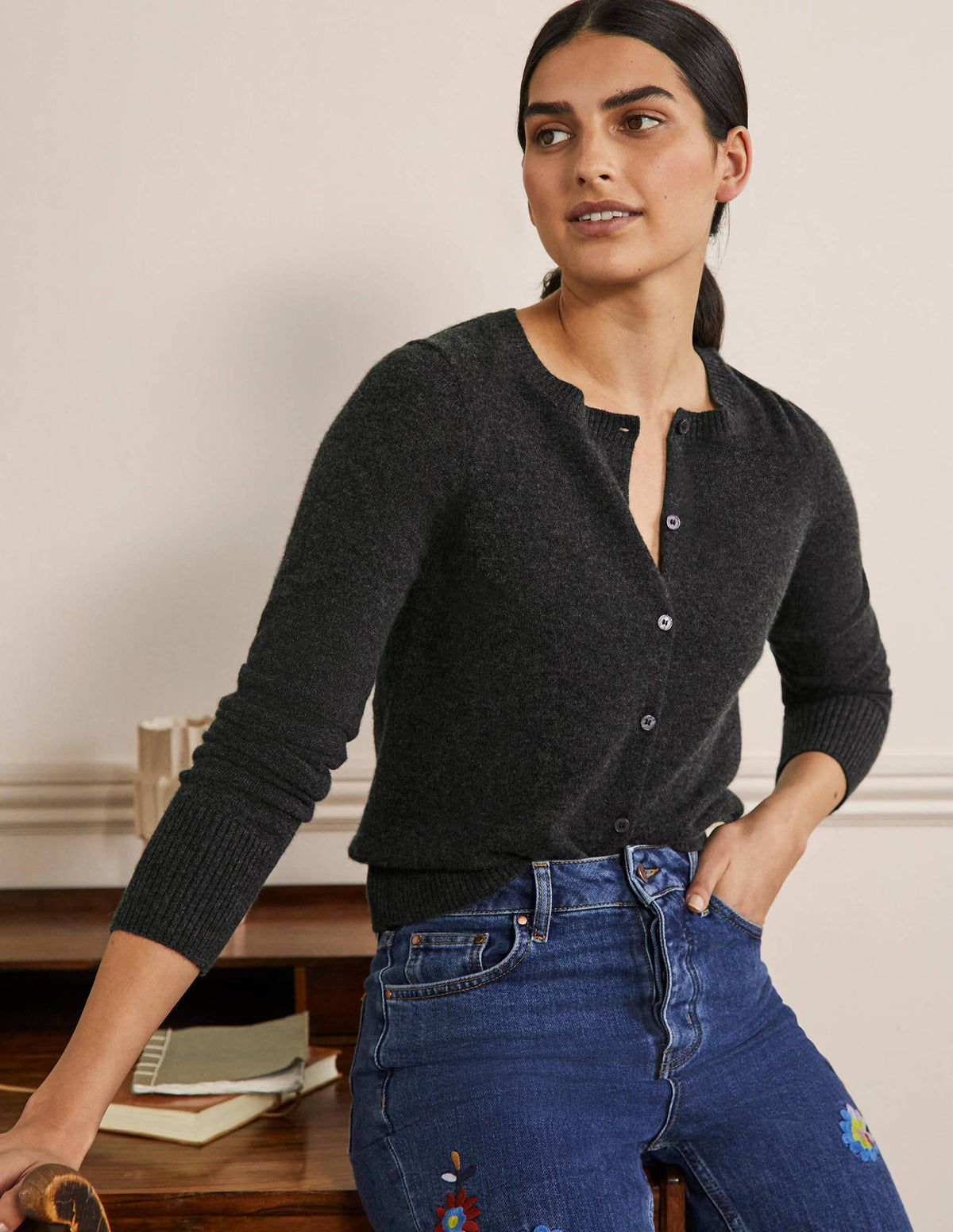 Cashmere Cropped Cardigan-Charcoal Melange-1