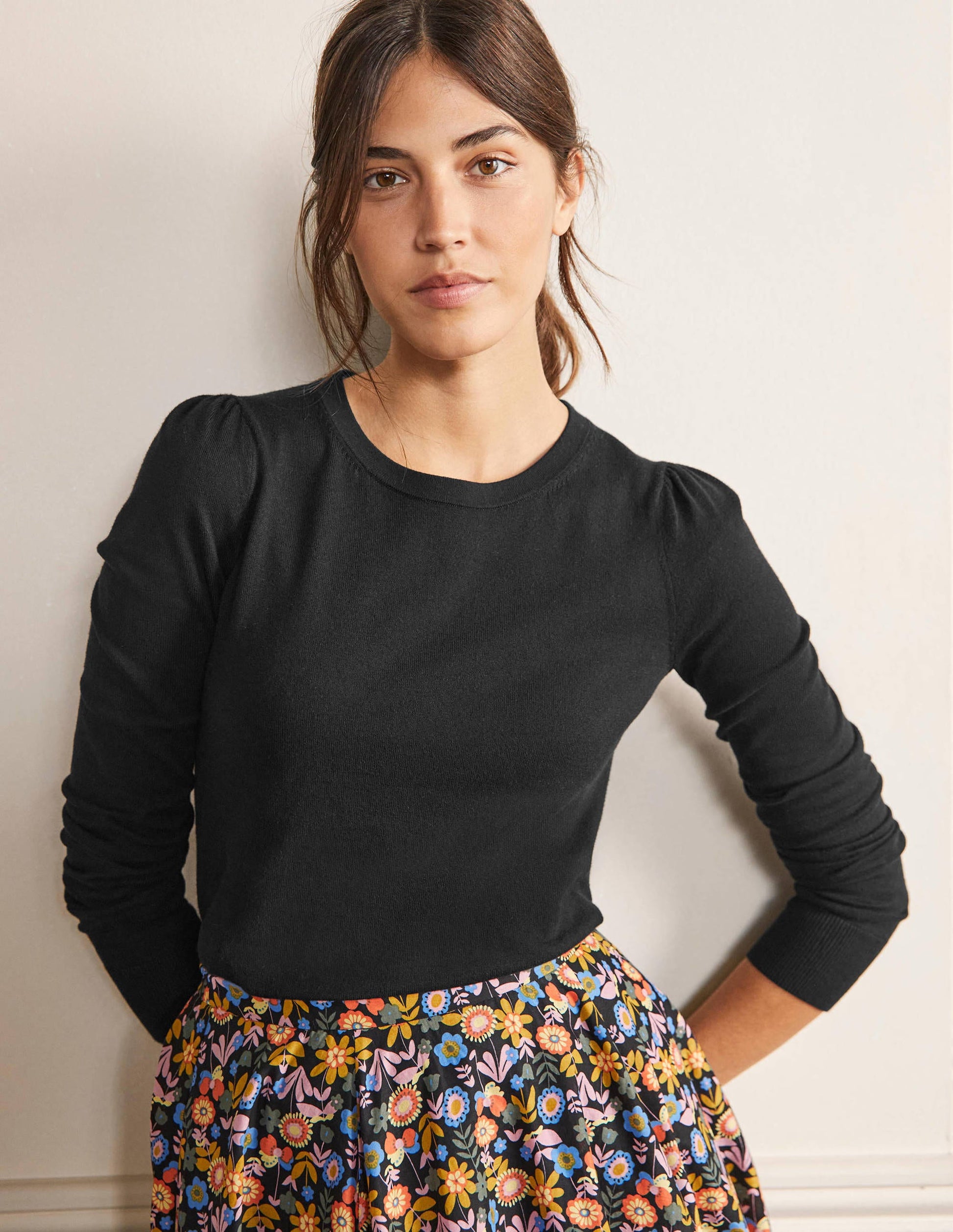 Cotton Crew Neck Sweater-Black-1