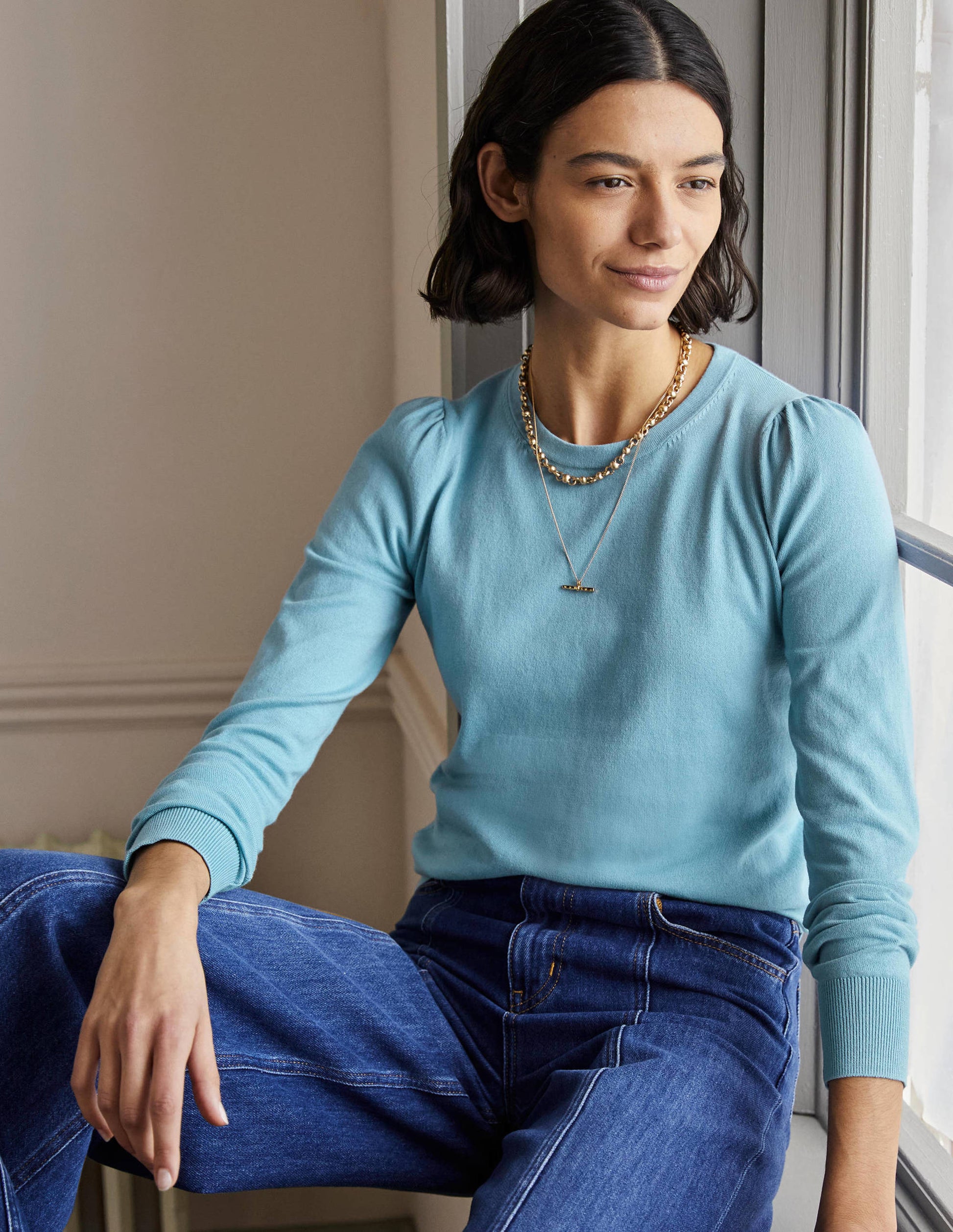 Cotton Crew Neck Sweater-Dusty Blue-1