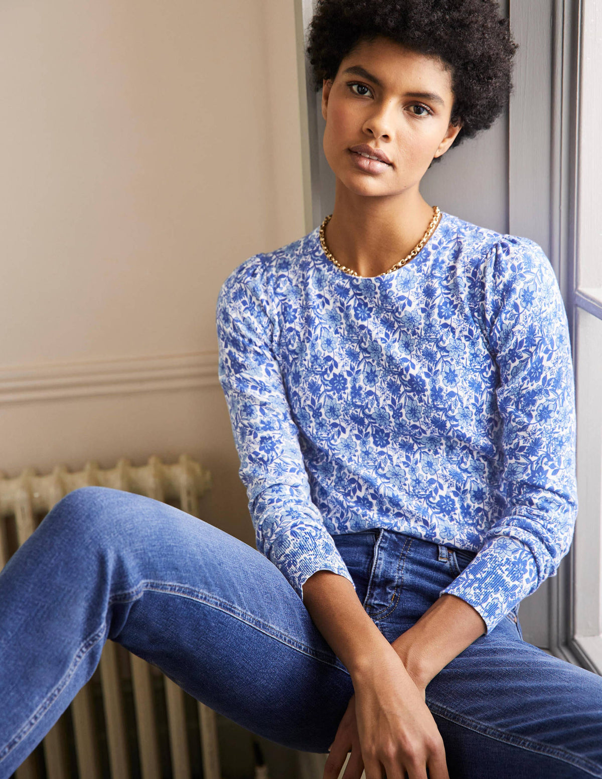 Cotton Crew Neck Sweater-Dawn Sky, Floret Bloom - Image 1
