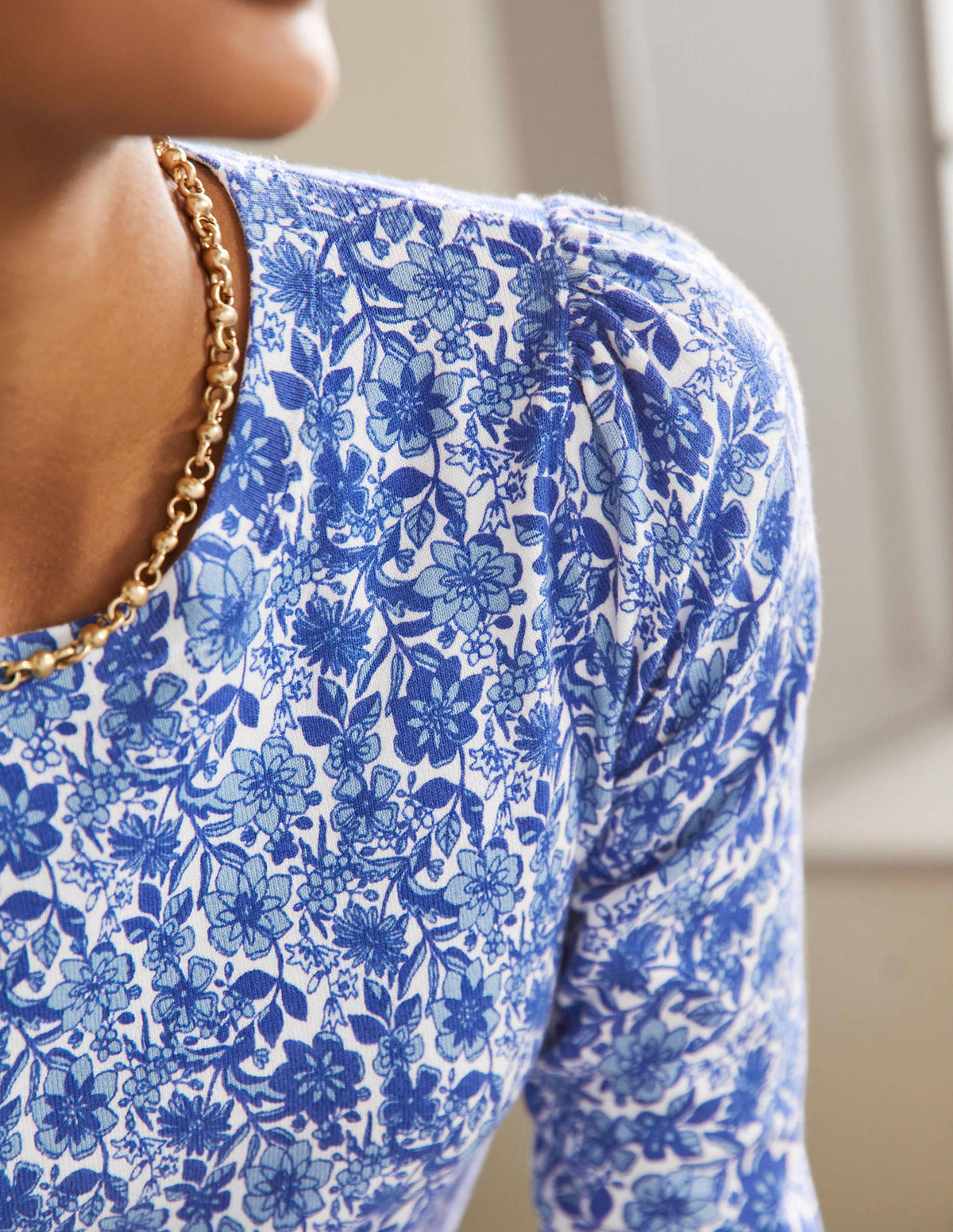 Cotton Crew Neck Sweater-Dawn Sky, Floret Bloom - Image 2