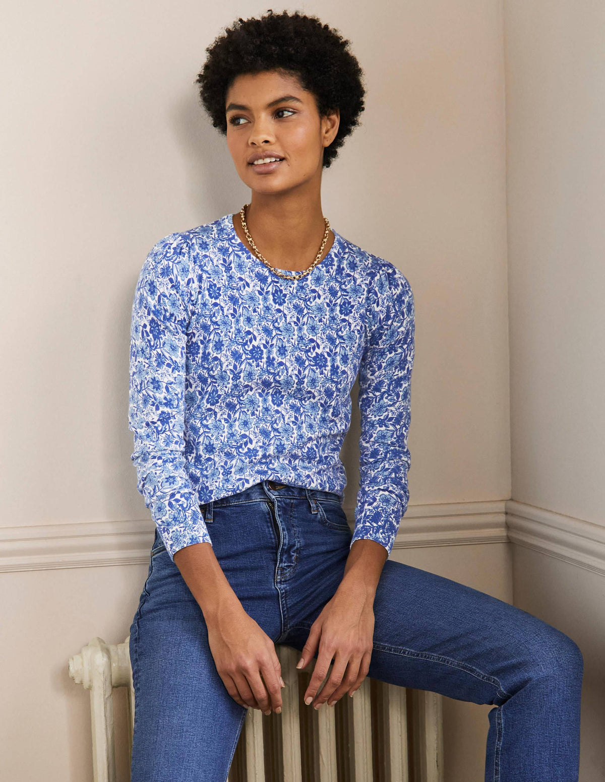 Cotton Crew Neck Sweater-Dawn Sky, Floret Bloom - Image 4
