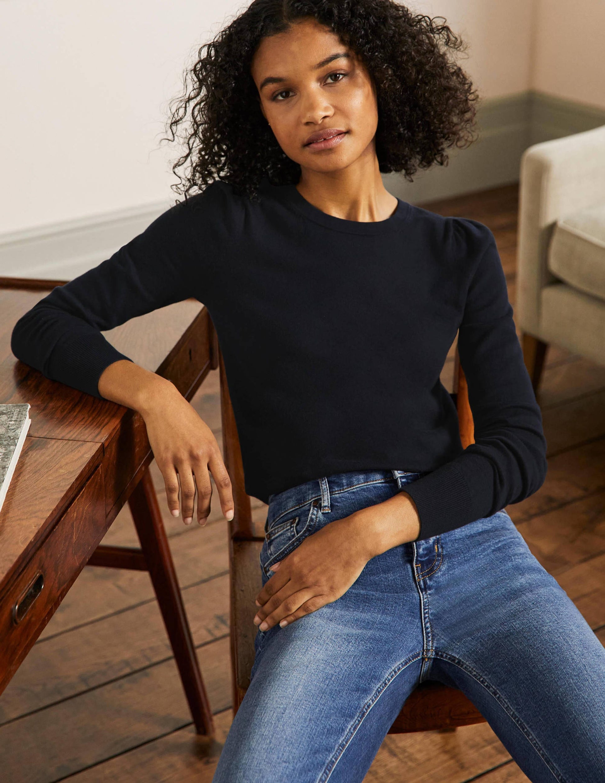 Cotton Crew Neck Sweater-Navy-1