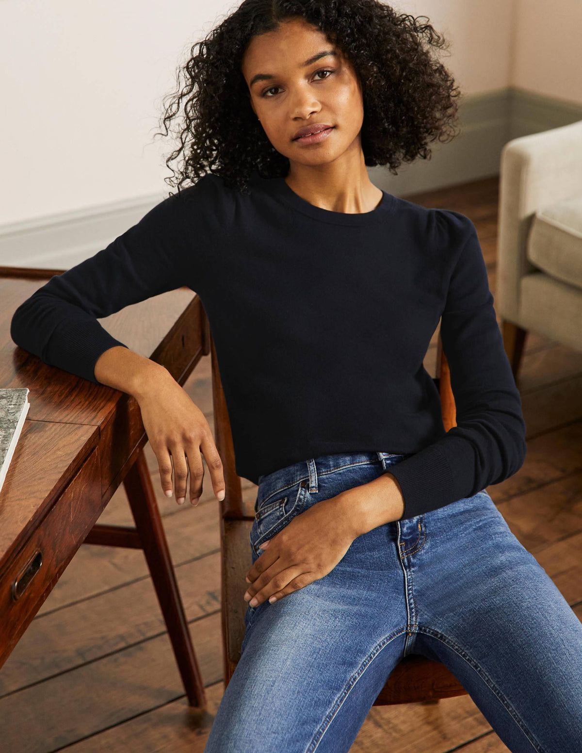 Cotton Crew Neck Sweater-Navy - Image 1