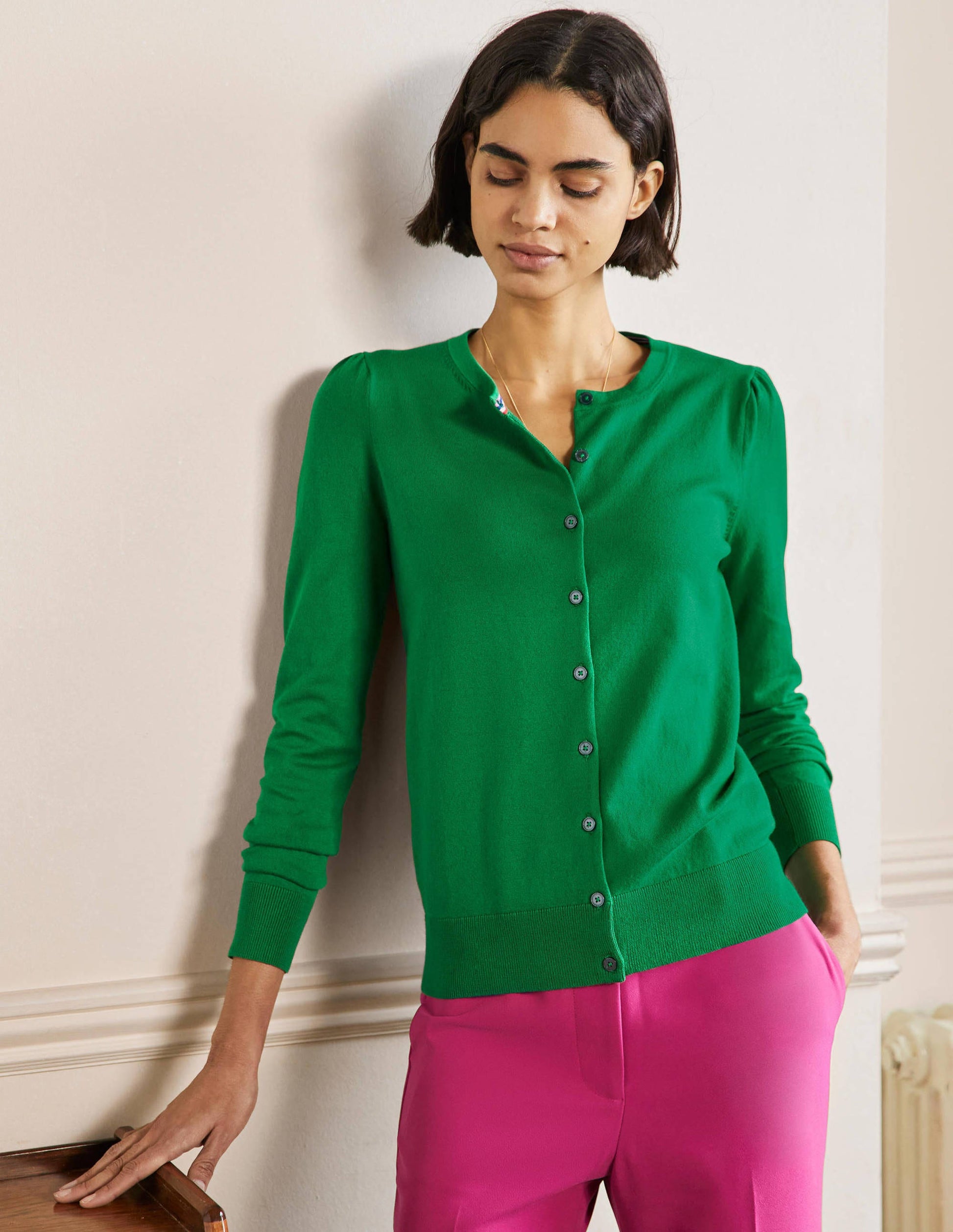 Cotton Crew Neck Cardigan-Highland Green-5