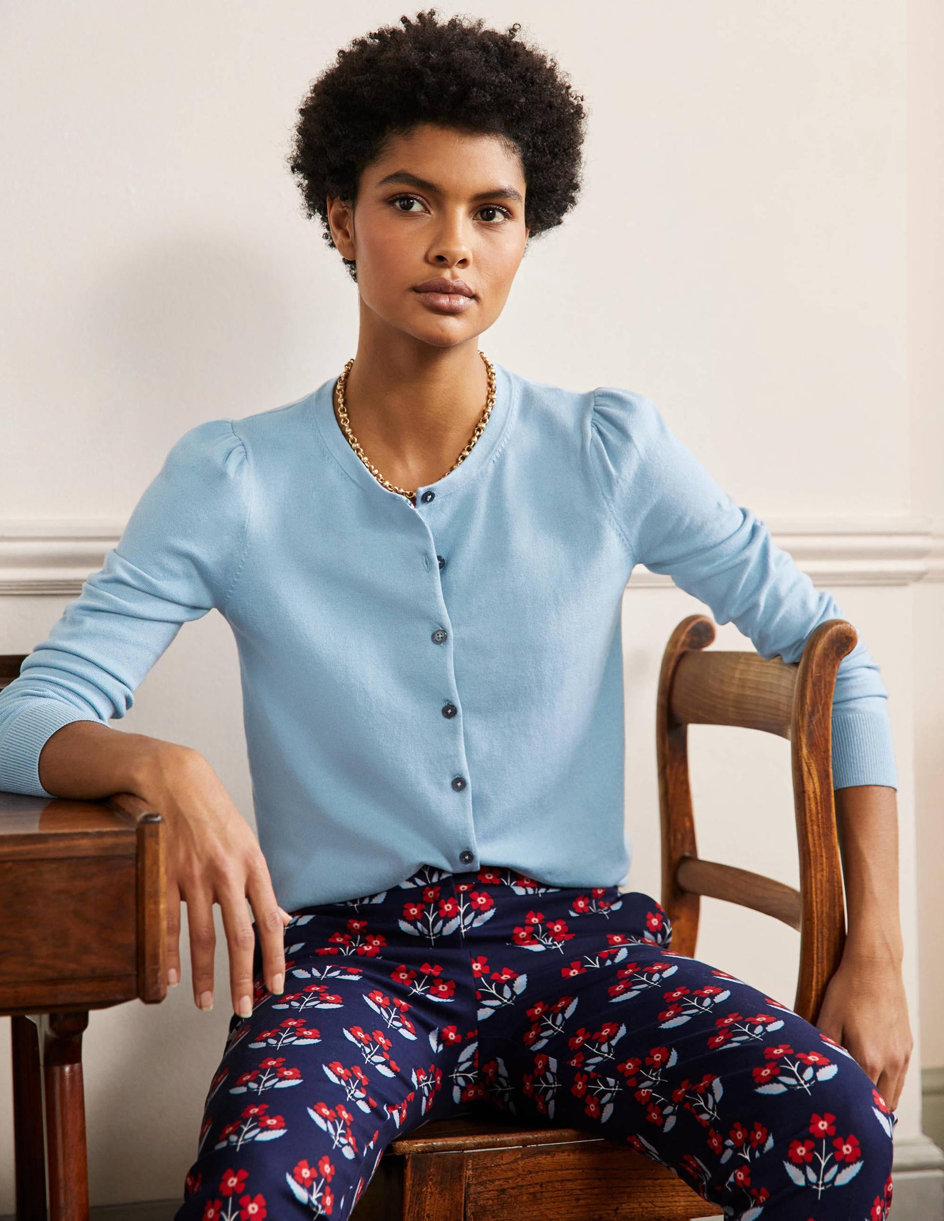 Cotton Crew Neck Cardigan-Dusty Blue-1
