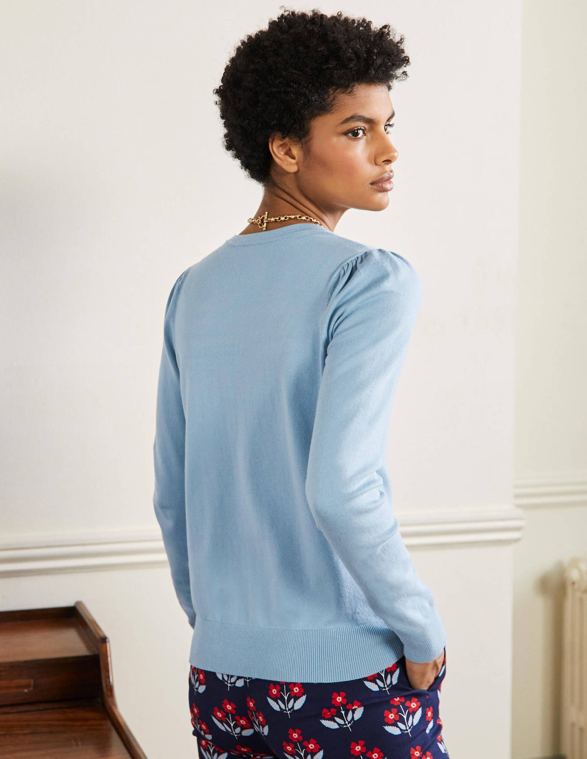 Cotton Crew Neck Cardigan-Dusty Blue - Image 3