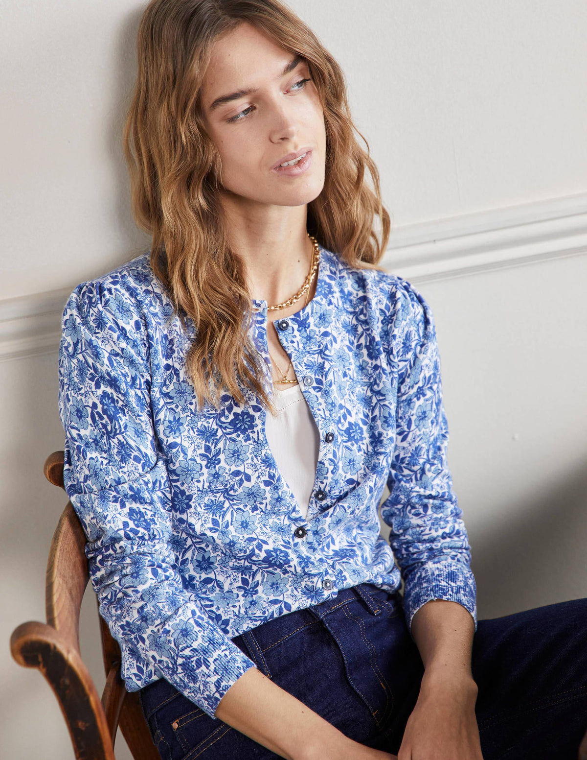 Cotton Crew Neck Cardigan-Dawn Sky, Floret Bloom - Image 1